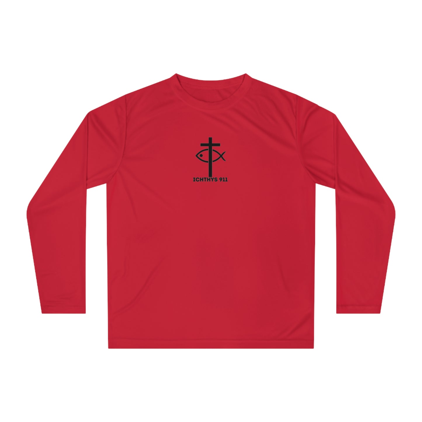 ICHTHYS 911 "Faith & Strength" Black Font - Unisex Performance Long Sleeve Shirt - Christian Activewear - Men - Women -100% Moisture-Wicking Poly