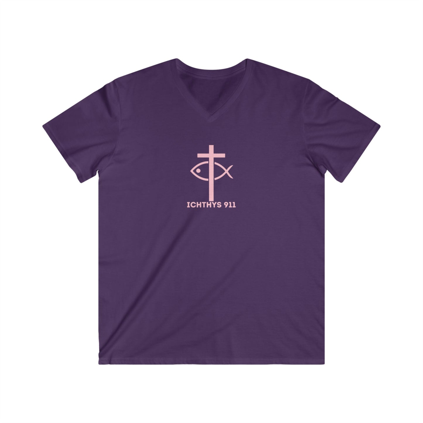 ICHTHYS 911 - "13th Disciple" Collection - Men's Fitted V-Neck Short Sleeve T - Shirt - Faith-Inspired - Christian Faith - Light Pink Font