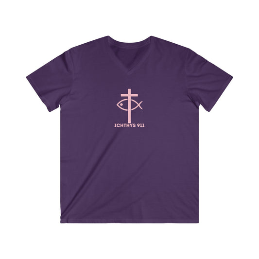 ICHTHYS 911 - "13th Disciple" Collection - Men's Fitted V-Neck Short Sleeve T - Shirt - Faith-Inspired - Christian Faith - Light Pink Font