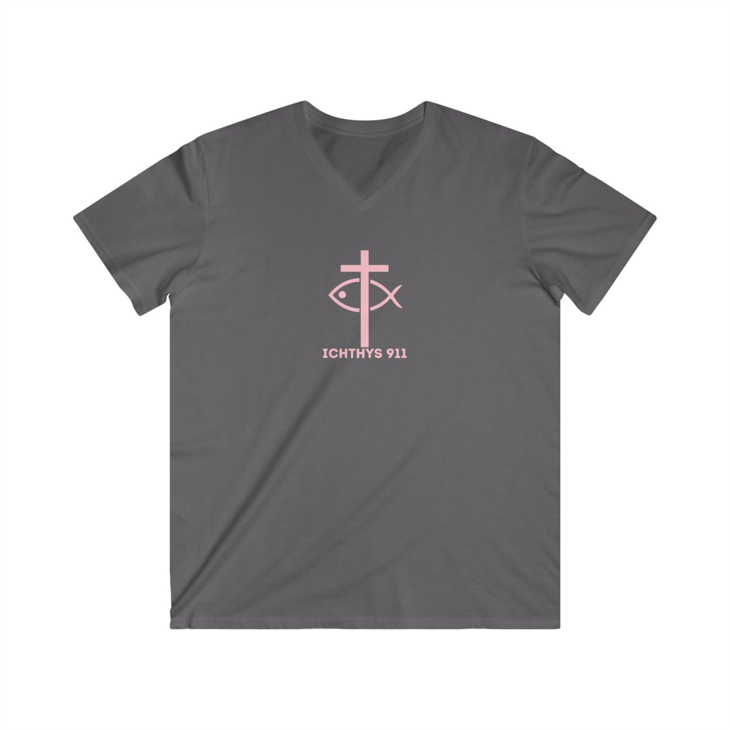ICHTHYS 911 - "13th Disciple" Collection - Men's Fitted V-Neck Short Sleeve T - Shirt - Faith-Inspired - Christian Faith - Light Pink Font