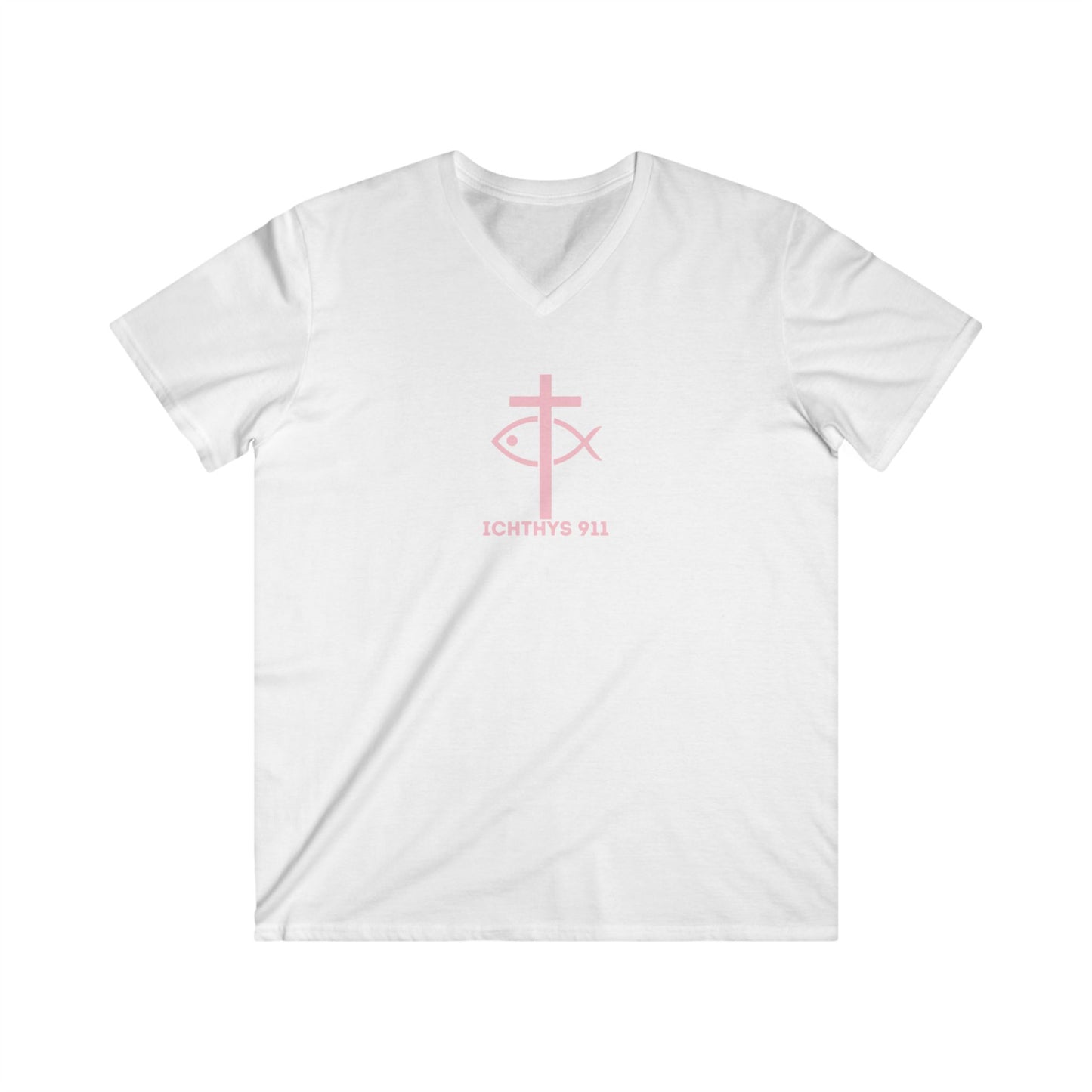 ICHTHYS 911 - "13th Disciple" Collection - Men's Fitted V-Neck Short Sleeve T - Shirt - Faith-Inspired - Christian Faith - Light Pink Font