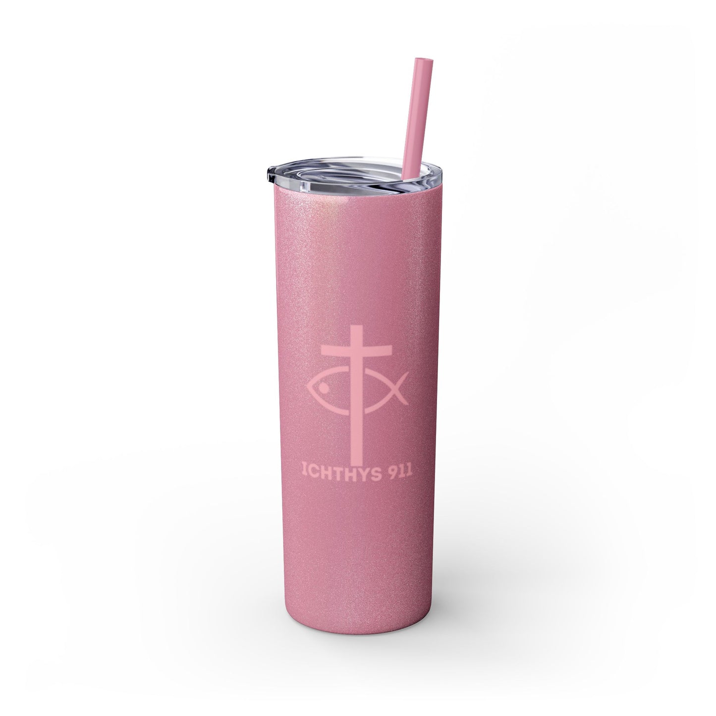 ICHTHYS 911 Pink Font Faith-Inspired Skinny Tumbler with Straw - 20oz
