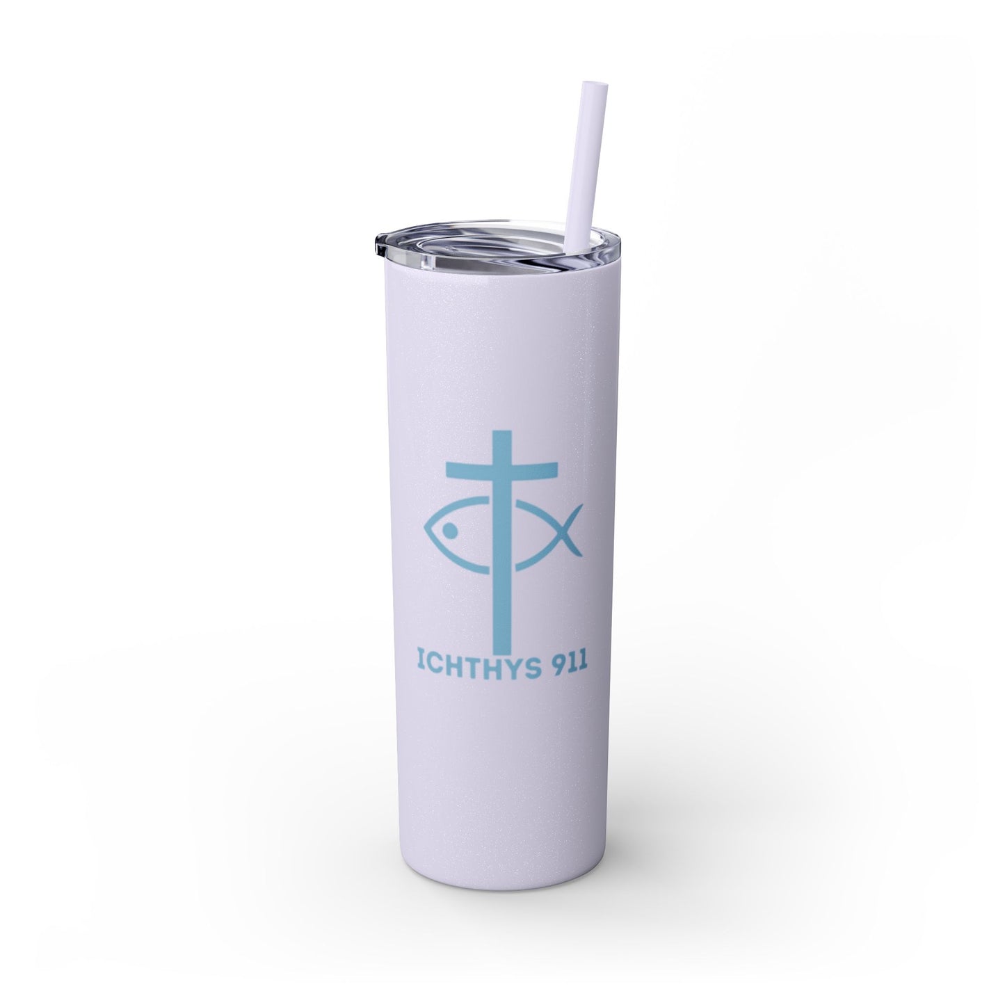 ICHTHYS 911 - Blue Font - Faith-Inspired Skinny Tumbler with Straw - 20oz Baby Shower Drip