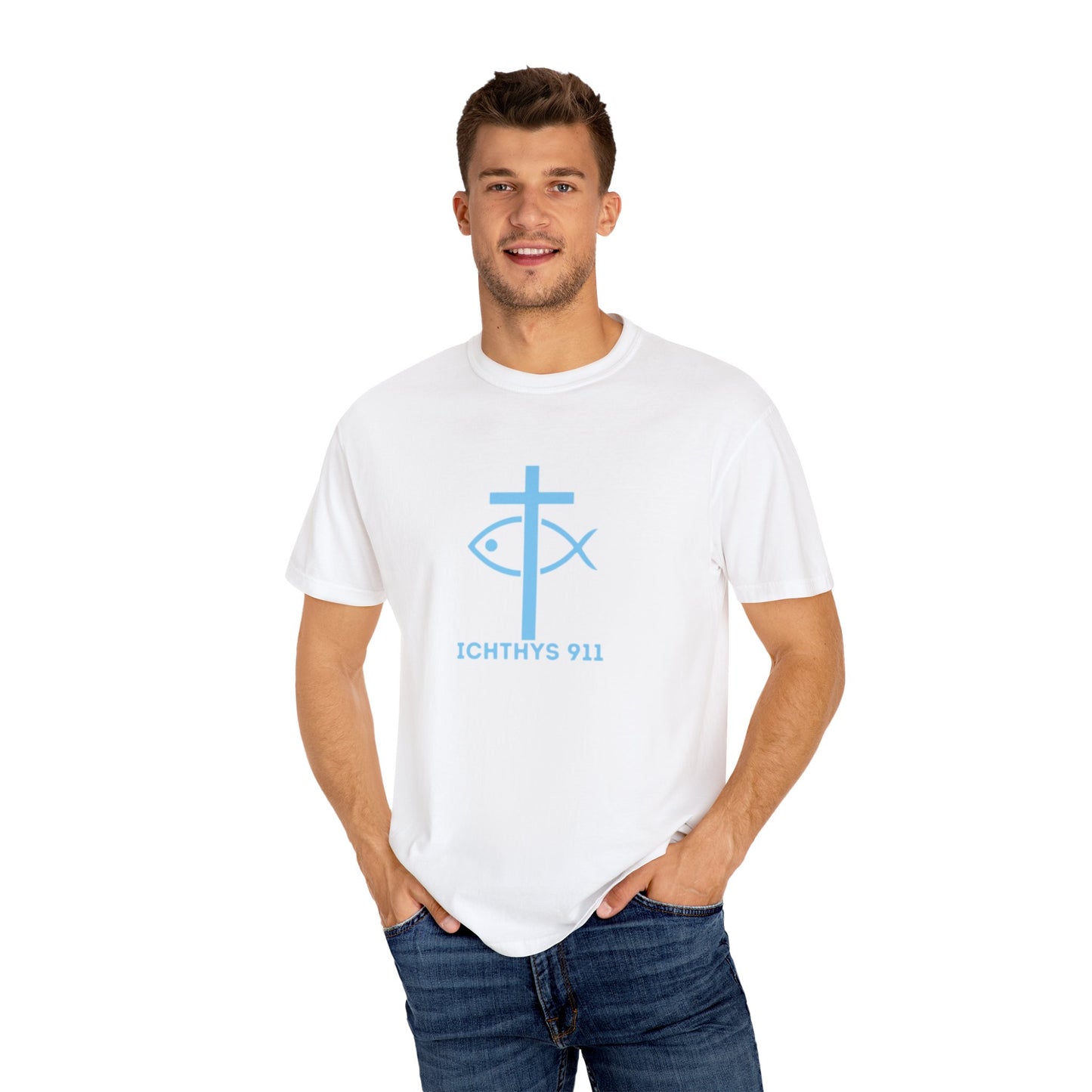 ICHTHYS 911 "Strength Through Christ Philippians 4:13" - Blue Font - Unisex Garment Dyed T- Shirt - 100% US Cotton -Men T-Shirt - Women T-Shirt- Christian Activewear - Wear Your Faith