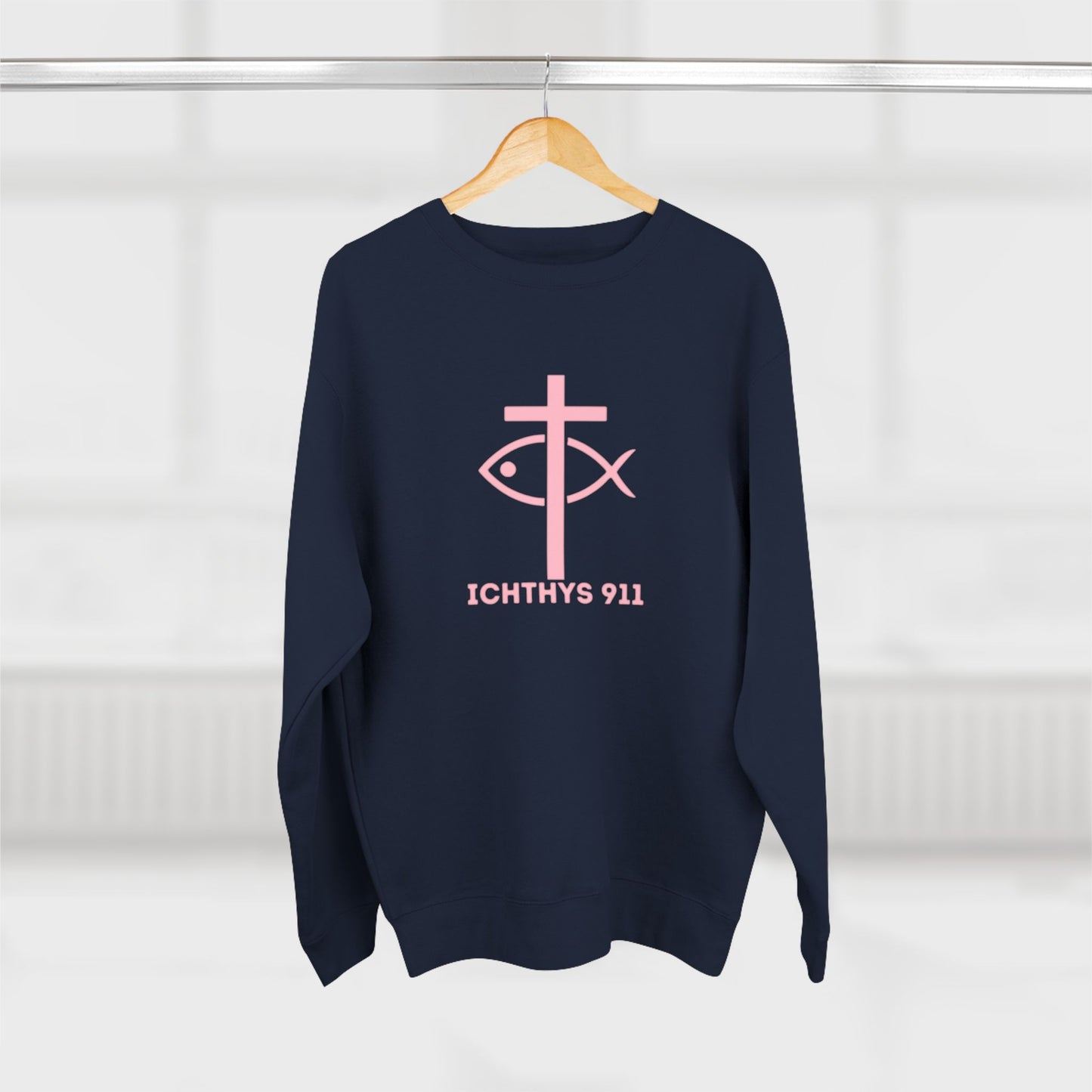 ICHTHYS 911 Minimal Pink Cross Crewneck Sweatshirt — Unisex -