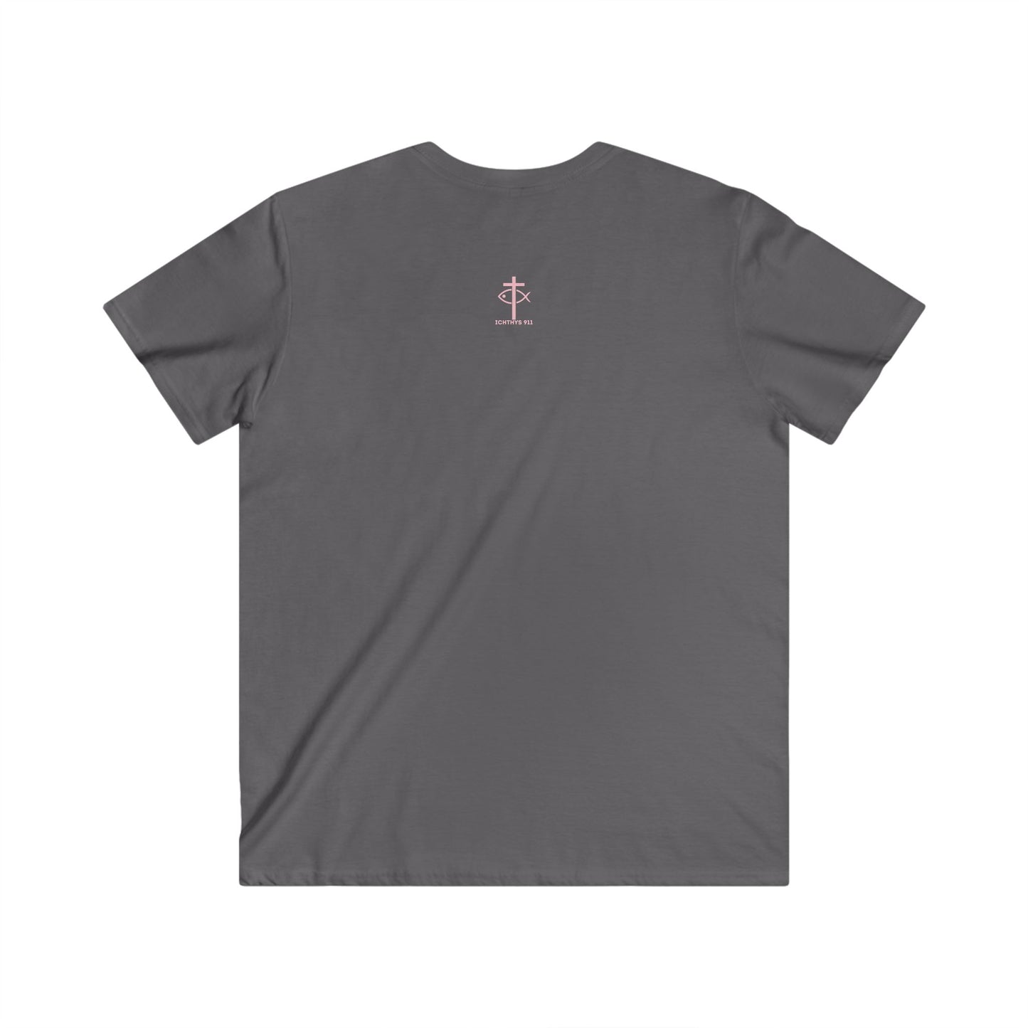 ICHTHYS 911 - Authentic Collection - Men's Fitted V-Neck Short Sleeve T - Shirt - Faith-Inspired - Christian Faith - W/O IC 911 on Back - Light Pink Font
