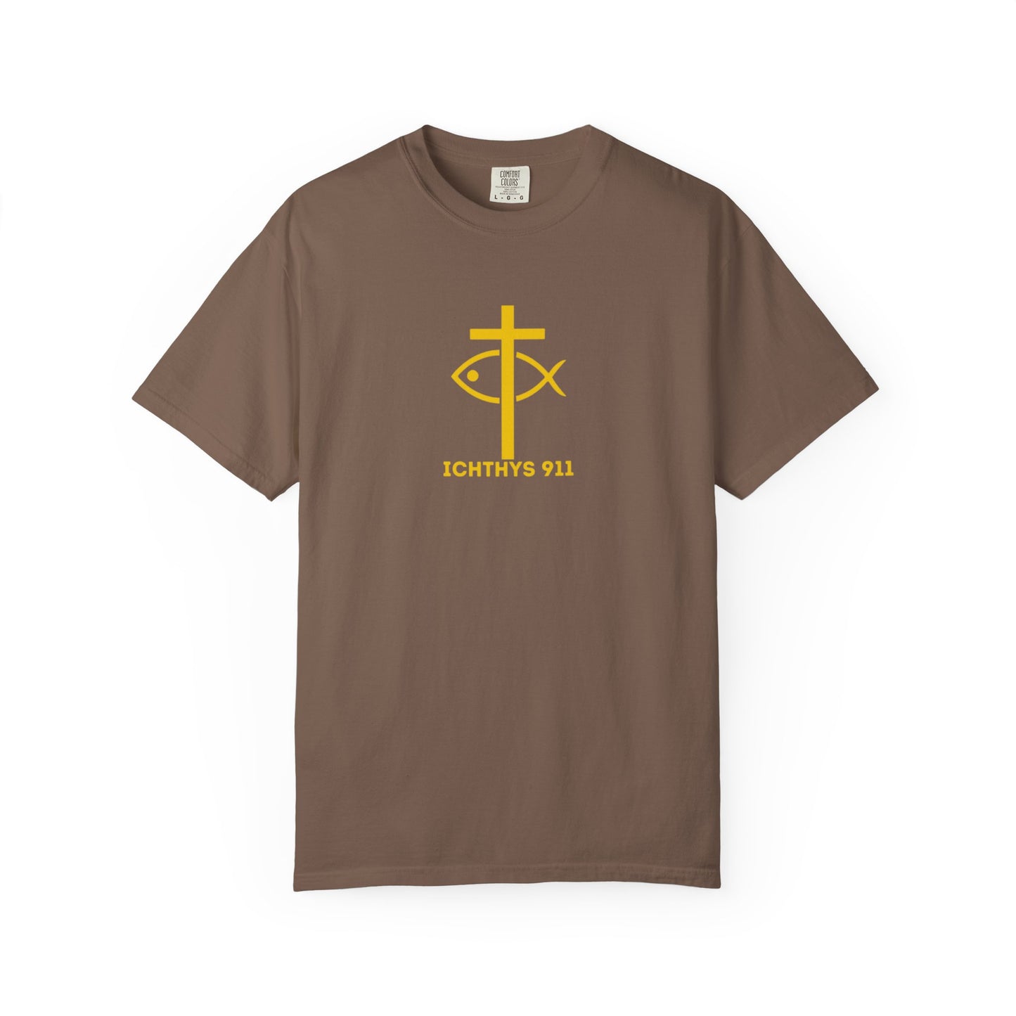 ICHTHYS 911 - "God Sees the Heart" Reverse' Gold Font - Unisex Garment - Dyed T-Shirt - 100% US Cotton - Men T-Shirt - Women T-Shirt - Inspirational Graphic T-Shirt for Everyday Motivation