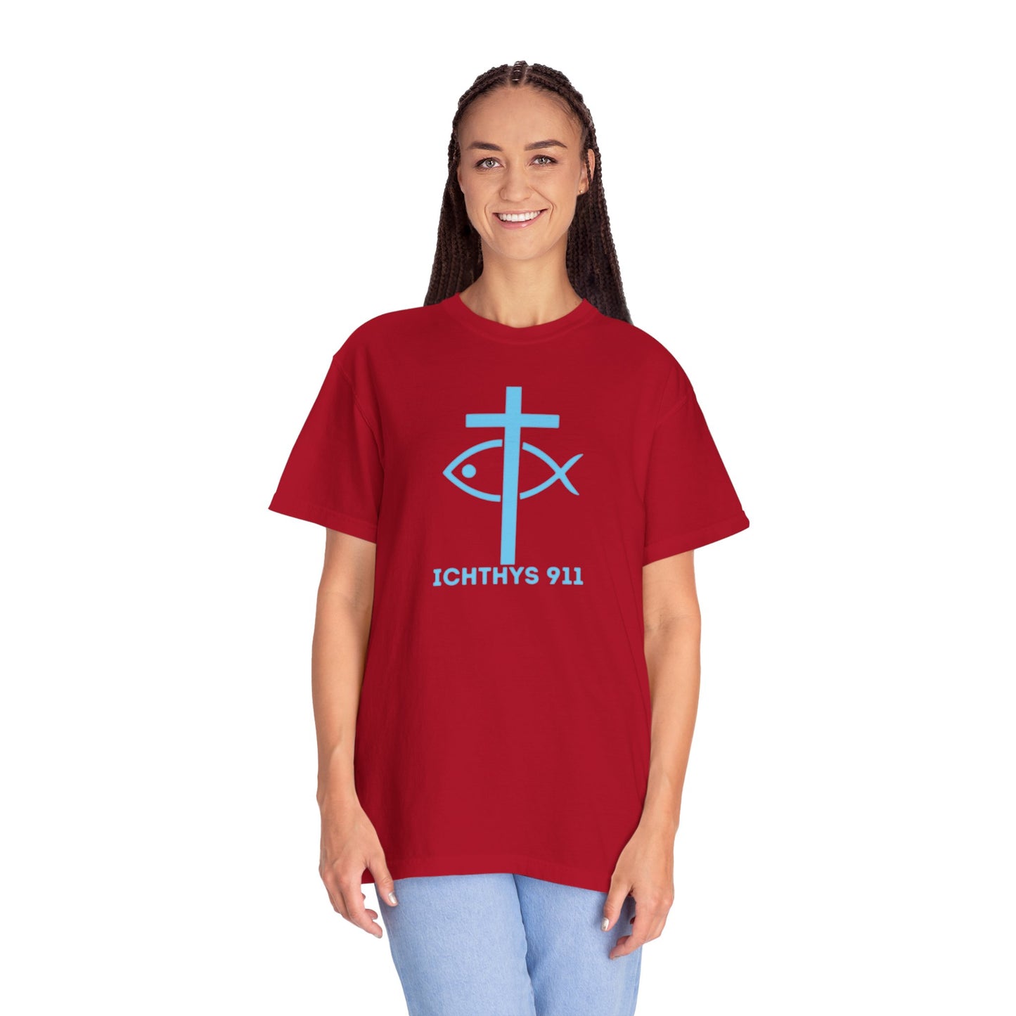 Authentic - Christian Streetwear T-Shirt – Jesus Gym & Faith Fashion, Unisex Garment-Dyed T-Shirt Blue Font - ICHTHYS 911