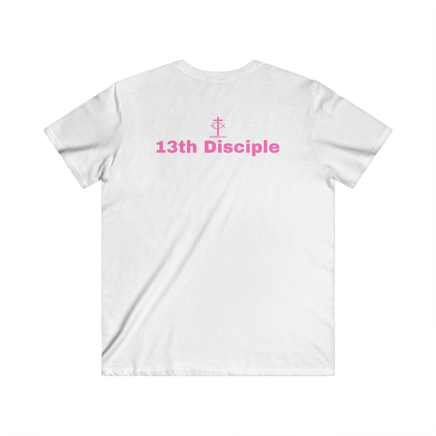 ICHTHYS 911 - Featuring "13th Disciple" Collection - Men's Fitted V-Neck Short Sleeve T - Shirt - W/O IC 911 on Back - Faith-Inspired - Christian Faith - Pink Font