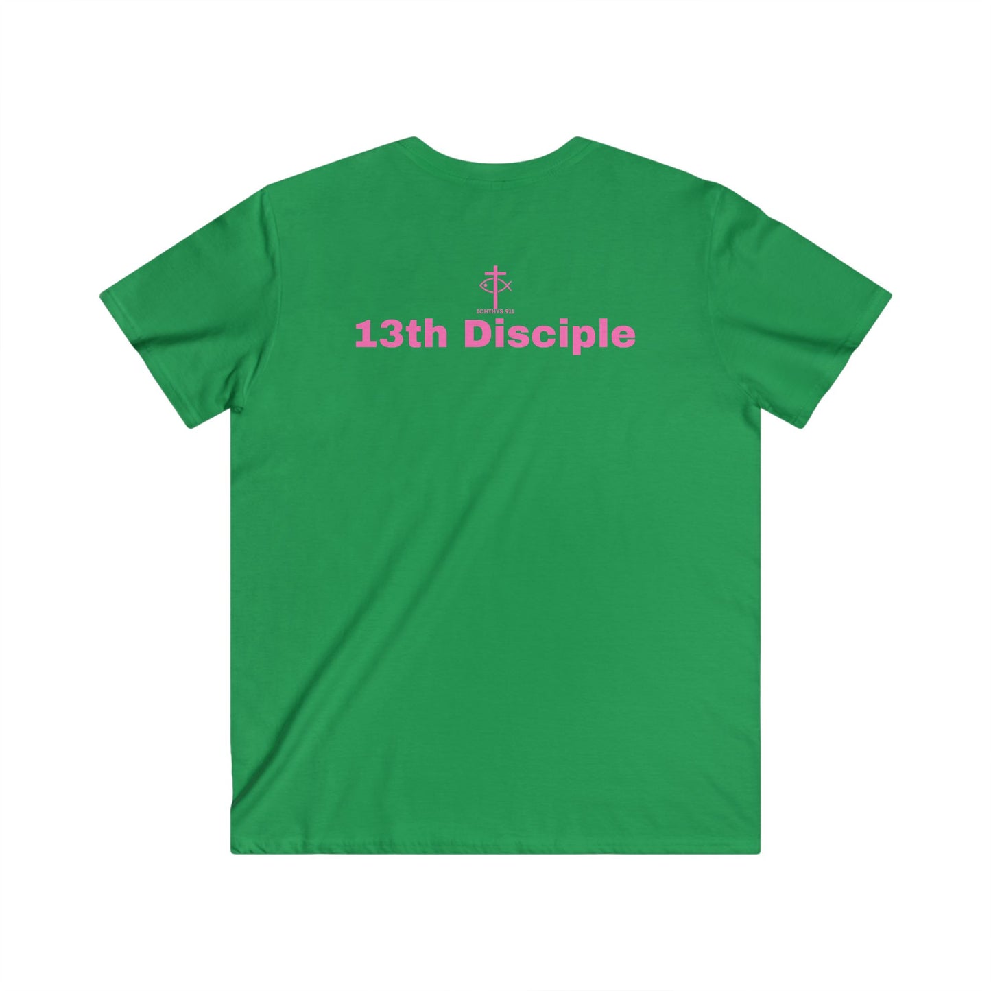 ICHTHYS 911 - Featuring "13th Disciple" Collection - Men's Fitted V-Neck Short Sleeve T - Shirt - W/O IC 911 on Back - Faith-Inspired - Christian Faith - Pink Font