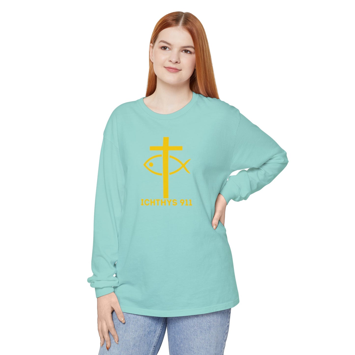 Authentic ICHTHYS 911 Collection -  Gold Font - Unisex Garment Dyed Long Sleeve T-Shirt - Men Long Sleeve - Women Long Sleeve - Christian Faith Symbol Tee - Faith Inspired