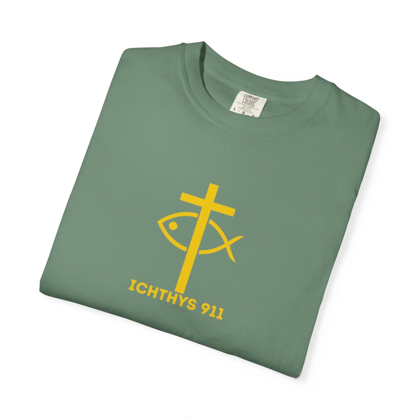 ICHTHYS 911 - "God Sees the Heart" Reverse' Gold Font - Unisex Garment - Dyed T-Shirt - 100% US Cotton - Men T-Shirt - Women T-Shirt - Inspirational Graphic T-Shirt for Everyday Motivation