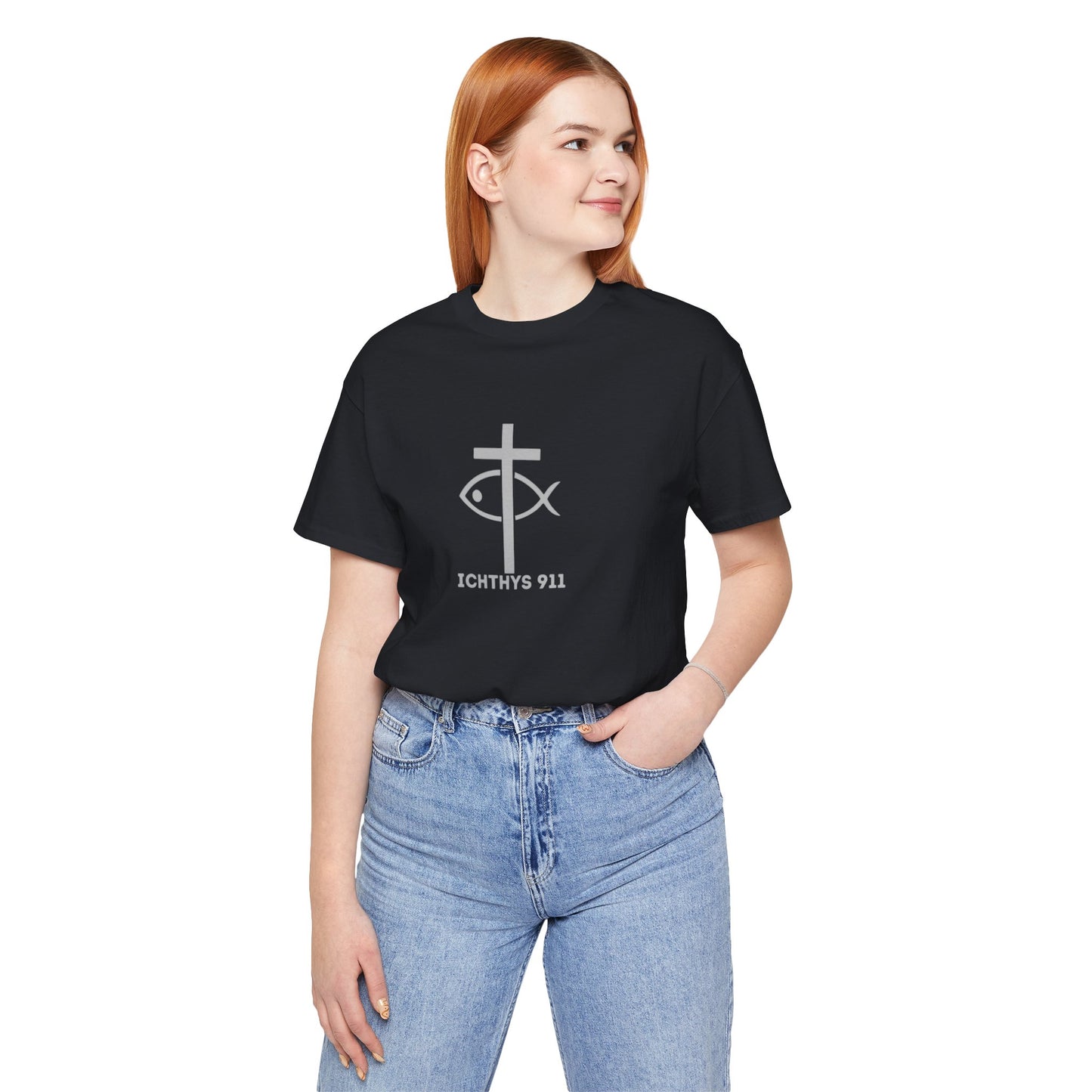 ICHTHYS 911 - "Roll With God Ride With Jesus" - Silver Font - Unisex T- Shirt - Lightweight 100% Cotton - Summer T - Arm Form Fitting - Men T- Shirt - Women T-Shirt - Christian T-Shirt
