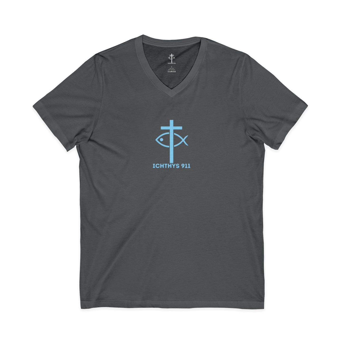 Jesus Is His Name, Saving Souls For Eternity is His Game - Blue Font - V-Neck - Unisex -Men T-Shirt - Women T-Shirt - Christian T - Faith-Inspired Unisex V-Neck Tee - Perfect for Christians - ICHTHYS 911 Design