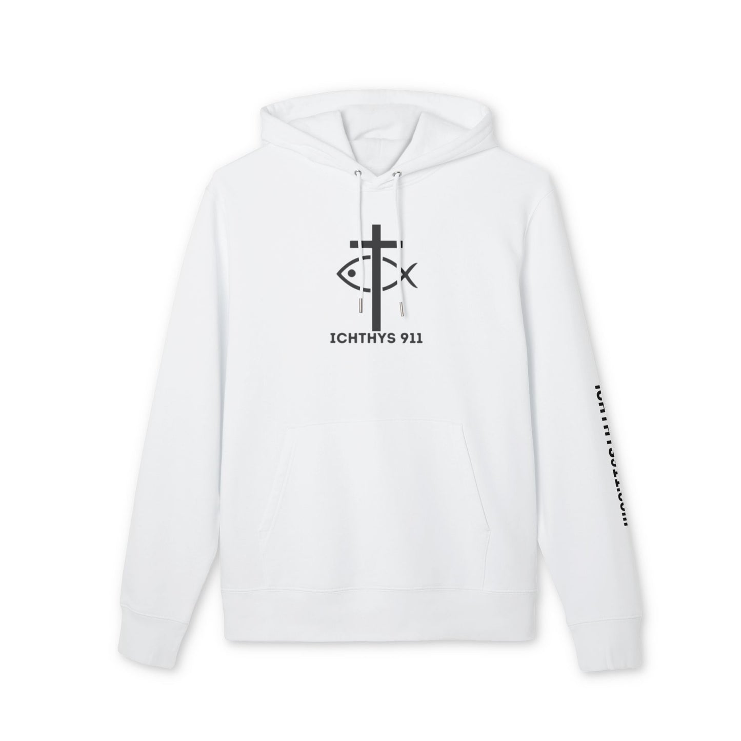 ICHTHYS 911 Hoodie – Unisex Pullover -White Font - Black Font on White - Heavy Fabric - ICHTHYS 911 Logo on Front & Back - 100% Organic
