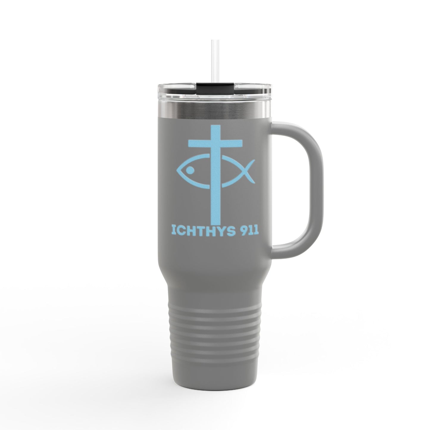 Faith-Inspired Insulated Travel Mug - 40oz with ICHTYS 911 Design