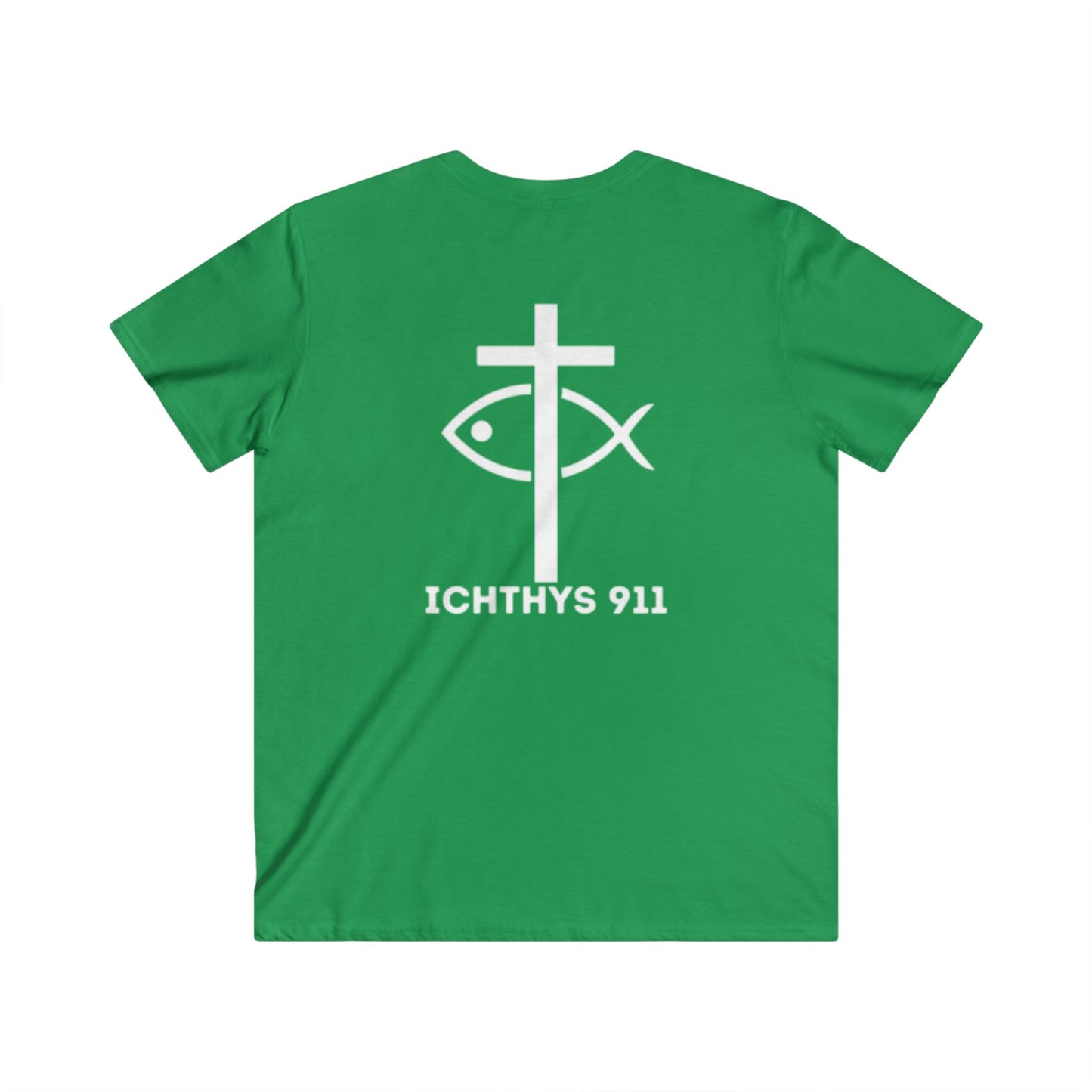ICHTHYS 911 - Jesus Christ - Son of God - Savior Collection - Men's Fitted V-Neck Short Sleeve T - Shirt - Faith-Inspired - Christian Faith - White Font