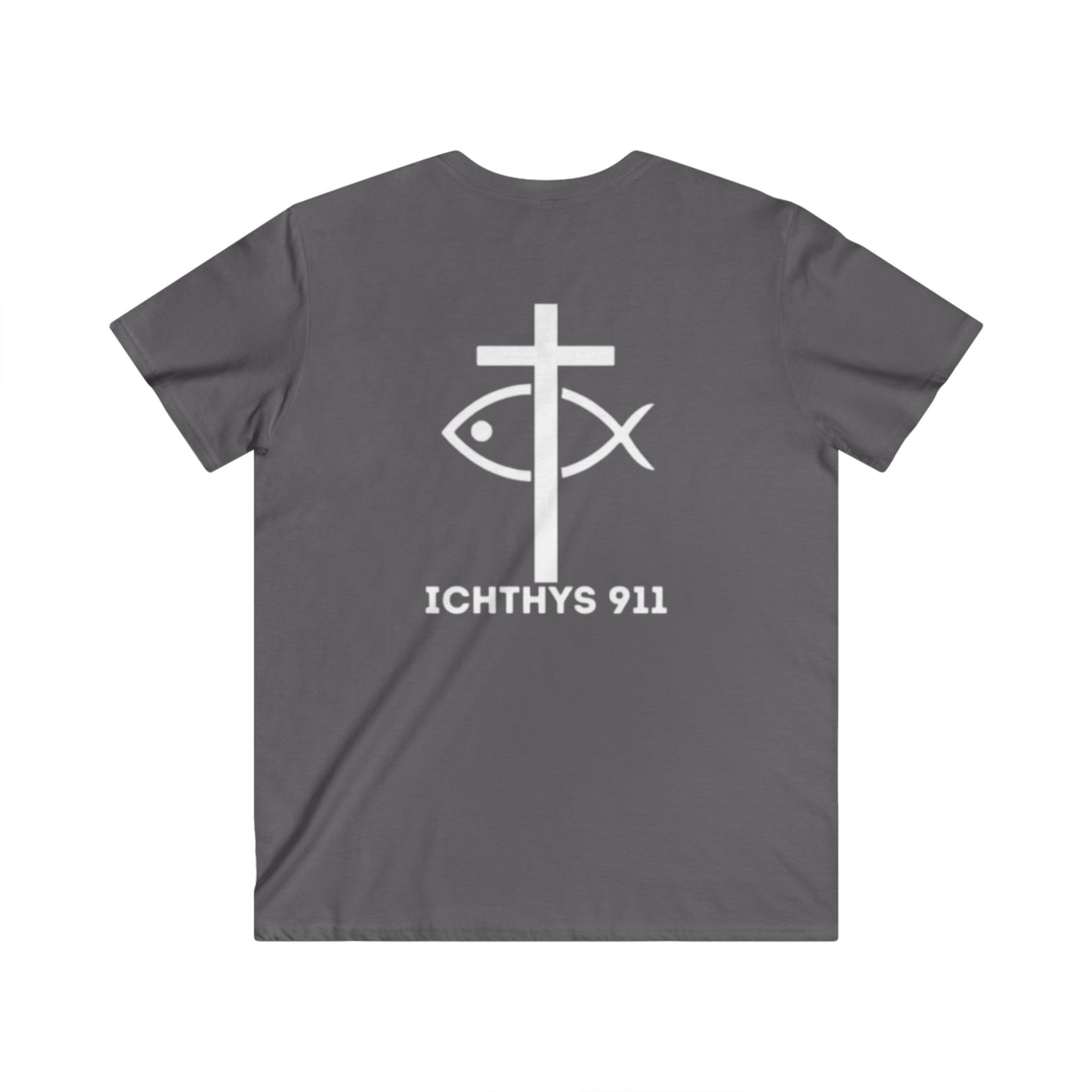 ICHTHYS 911 - Jesus Christ - Son of God - Savior Collection - Men's Fitted V-Neck Short Sleeve T - Shirt - Faith-Inspired - Christian Faith - White Font