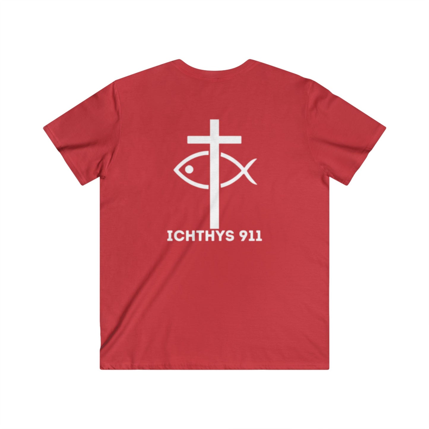 ICHTHYS 911 - Jesus Christ - Son of God - Savior Collection - Men's Fitted V-Neck Short Sleeve T - Shirt - Faith-Inspired - Christian Faith - White Font
