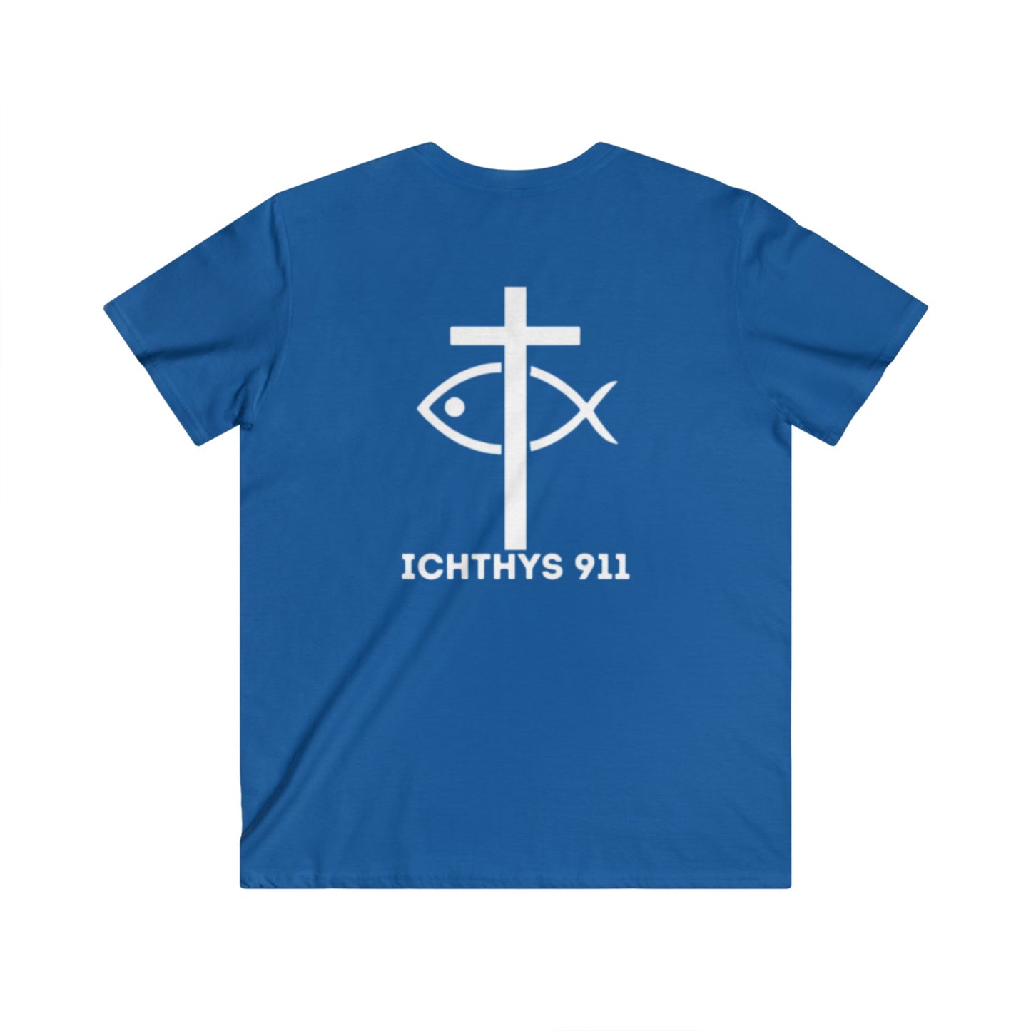 ICHTHYS 911 - Jesus Christ - Son of God - Savior Collection - Men's Fitted V-Neck Short Sleeve T - Shirt - Faith-Inspired - Christian Faith - White Font