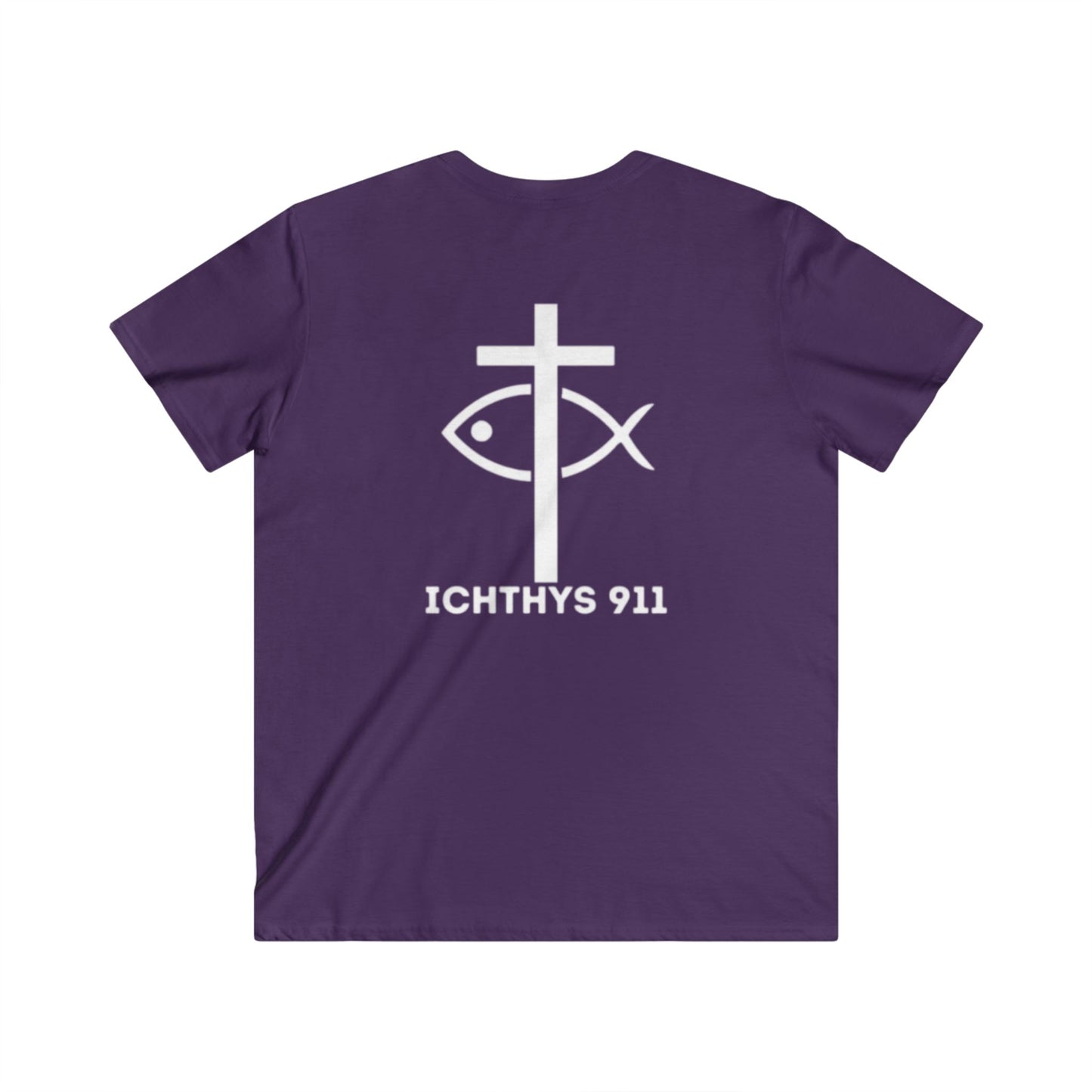 ICHTHYS 911 - Jesus Christ - Son of God - Savior Collection - Men's Fitted V-Neck Short Sleeve T - Shirt - Faith-Inspired - Christian Faith - White Font