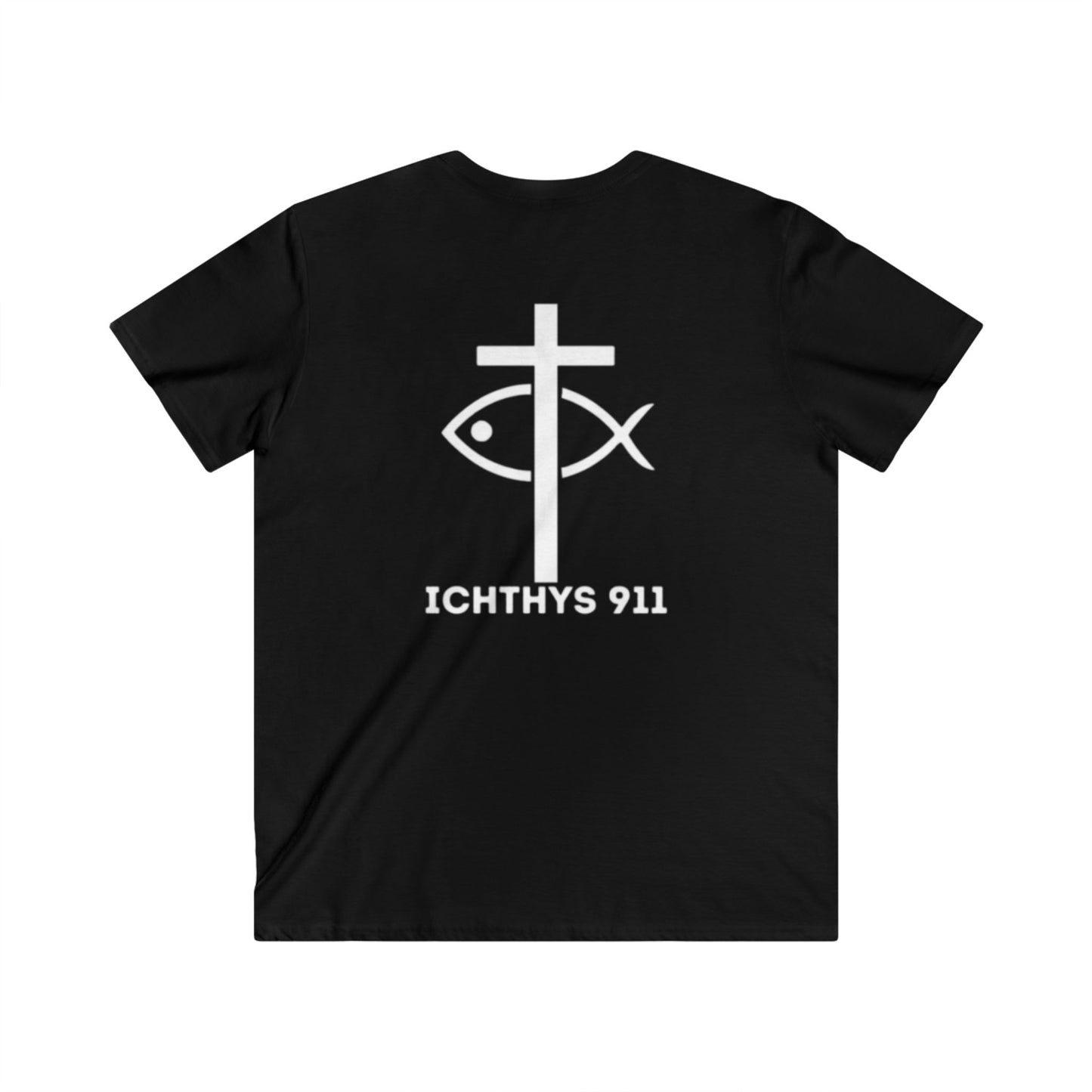 ICHTHYS 911 - Jesus Christ - Son of God - Savior Collection - Men's Fitted V-Neck Short Sleeve T - Shirt - Faith-Inspired - Christian Faith - White Font