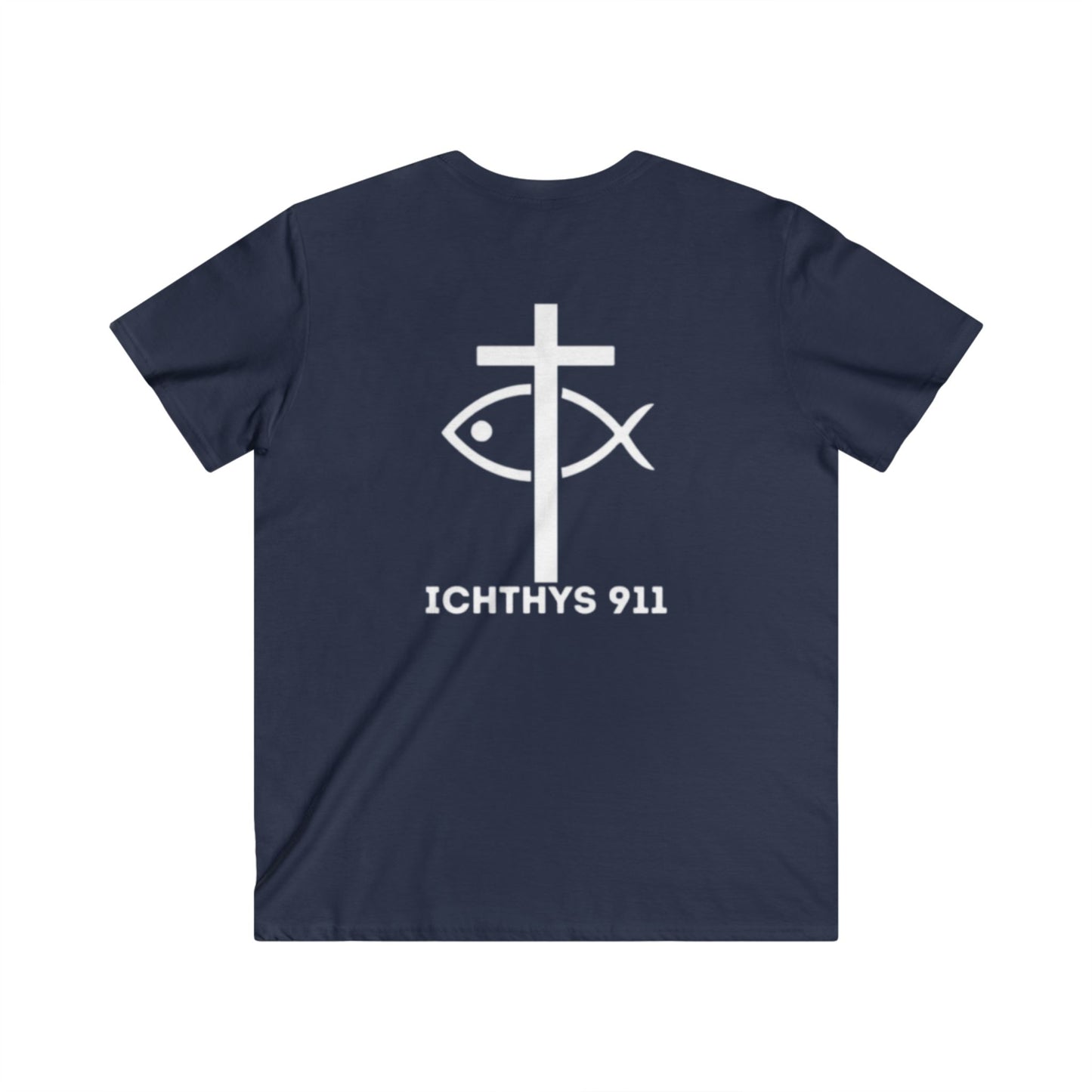 ICHTHYS 911 - Jesus Christ - Son of God - Savior Collection - Men's Fitted V-Neck Short Sleeve T - Shirt - Faith-Inspired - Christian Faith - White Font