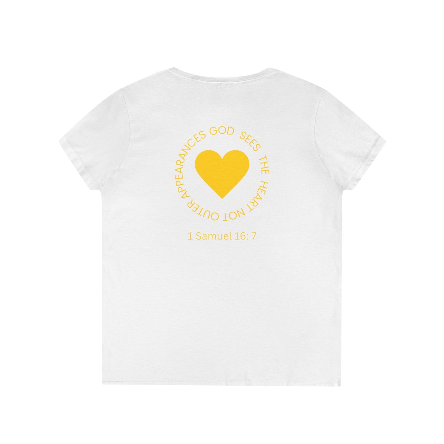God Sees The Heart Gold Font Women’s Faith-Inspired V-Neck T-Shirt - ICHTHYS 911 Design911 Design