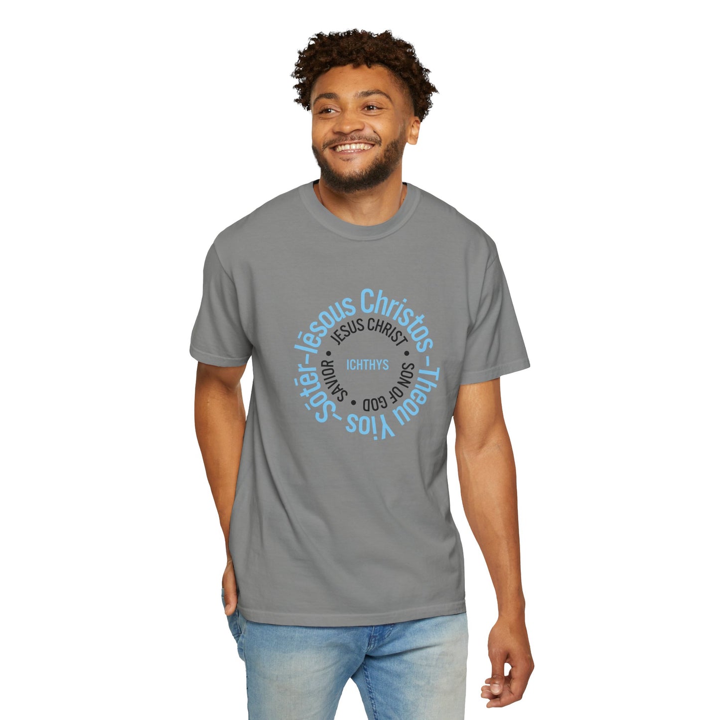 ICHTHYS 911 Blue Font "Iēsous Christos, Theou Yios, Sōtēr" - Reverse - Collection - Unisex - Christian Graphic Tee - Gym - T - Christian Faith - Jesus Wear - Women T-Shirt - Men T-Shirt