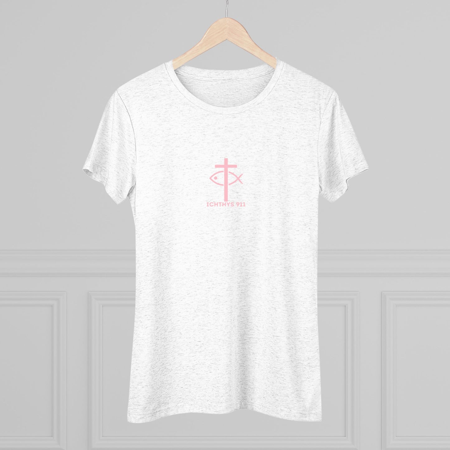 ICHTHYS 911 "IC Round Collection" Pink Font - Inspirational Women's Triblend Tee - Women T-Shirt - 50% polyester, 25% cotton, 25% ryaon