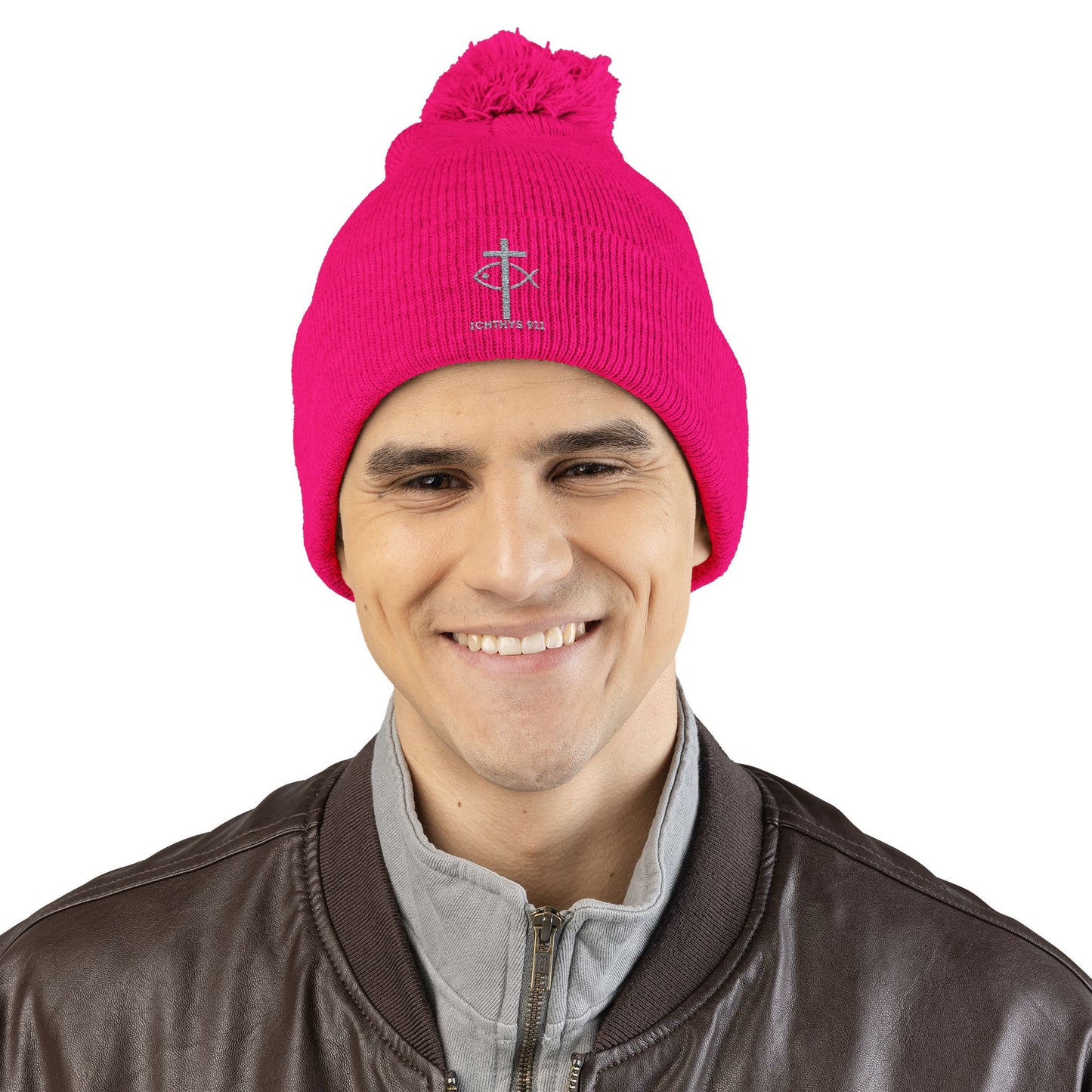 Cozy Pom-Pom Knit Cap | Winter Accessory with Embroidery - Christian Faith Wear - ICHTHYS 911 Design
