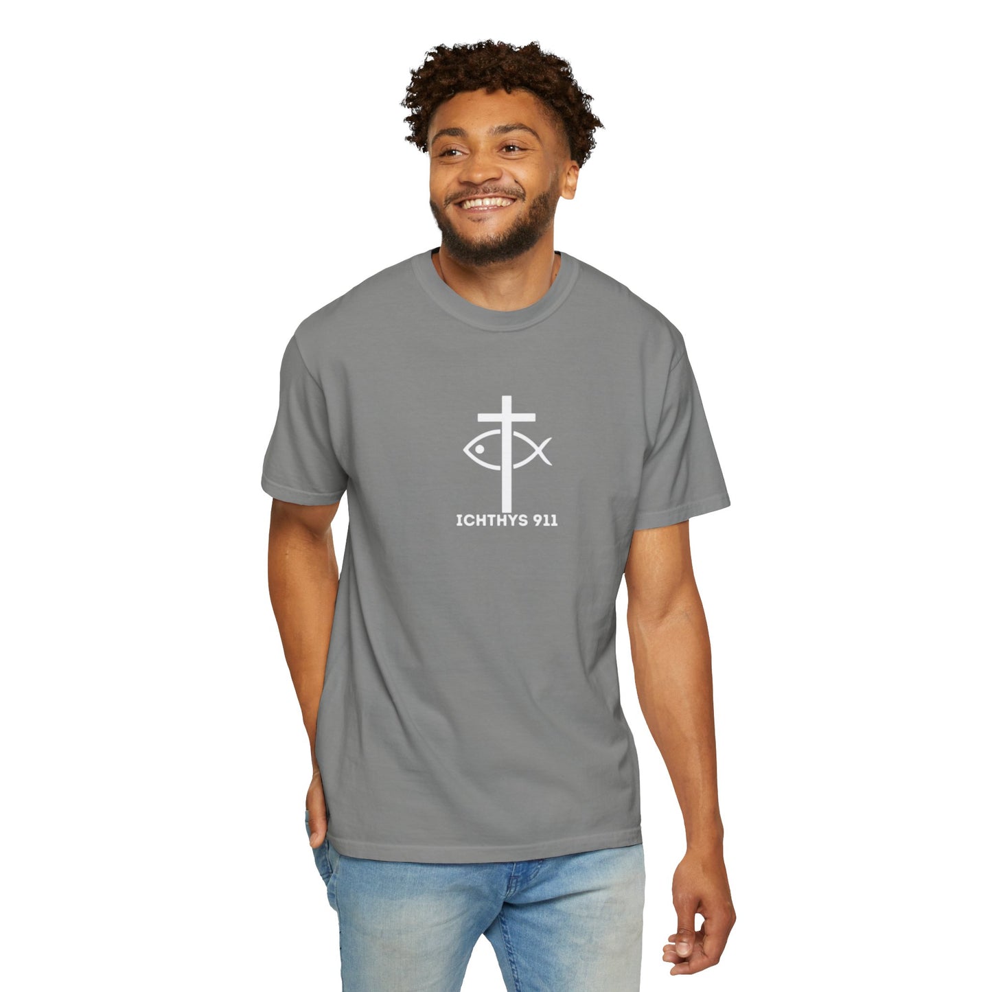 ICHTHYS 911 - 13th Disciple Collection - Christian Streetwear T-Shirt / Sweatshirt – Jesus Gym & Faith Fashion, Unisex Garment-Dyed T-Shirt White Font