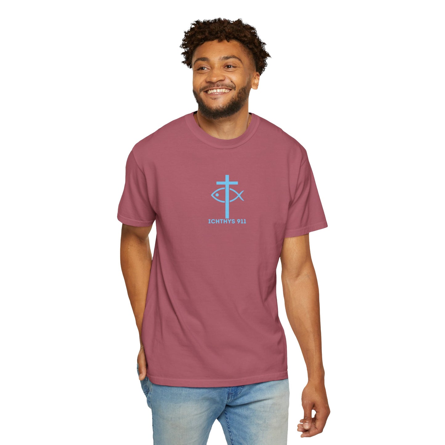 ICHTHYS 911 - "Jesus Christ Son of God Savior" Blue Font - Christian Streetwear T-Shirt – Jesus Gym & Faith Fashion, Unisex Garment-Dyed T-Shirt Blue Font