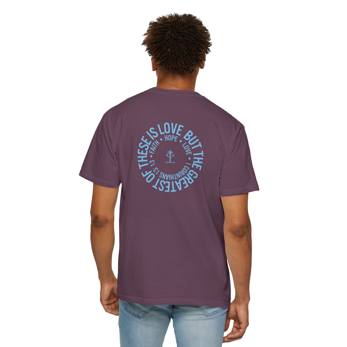 ICHTHYS 911 - Blue Font "Faith, Hope, & Love" - Unisex T-Shirt - Men T-Shirt - Christian Women Tee - Faith-Inspired Shirt - Christian Fashion - Wear Your Faith