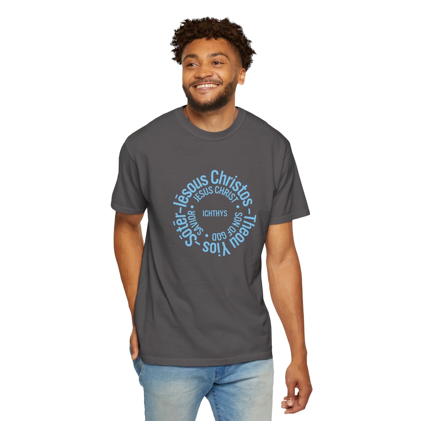 ICHTHYS 911 Blue Font "Iēsous Christos, Theou Yios, Sōtēr" - Reverse - Collection - Unisex - Christian Graphic Tee - Gym - T - Christian Faith - Jesus Wear - Women T-Shirt - Men T-Shirt