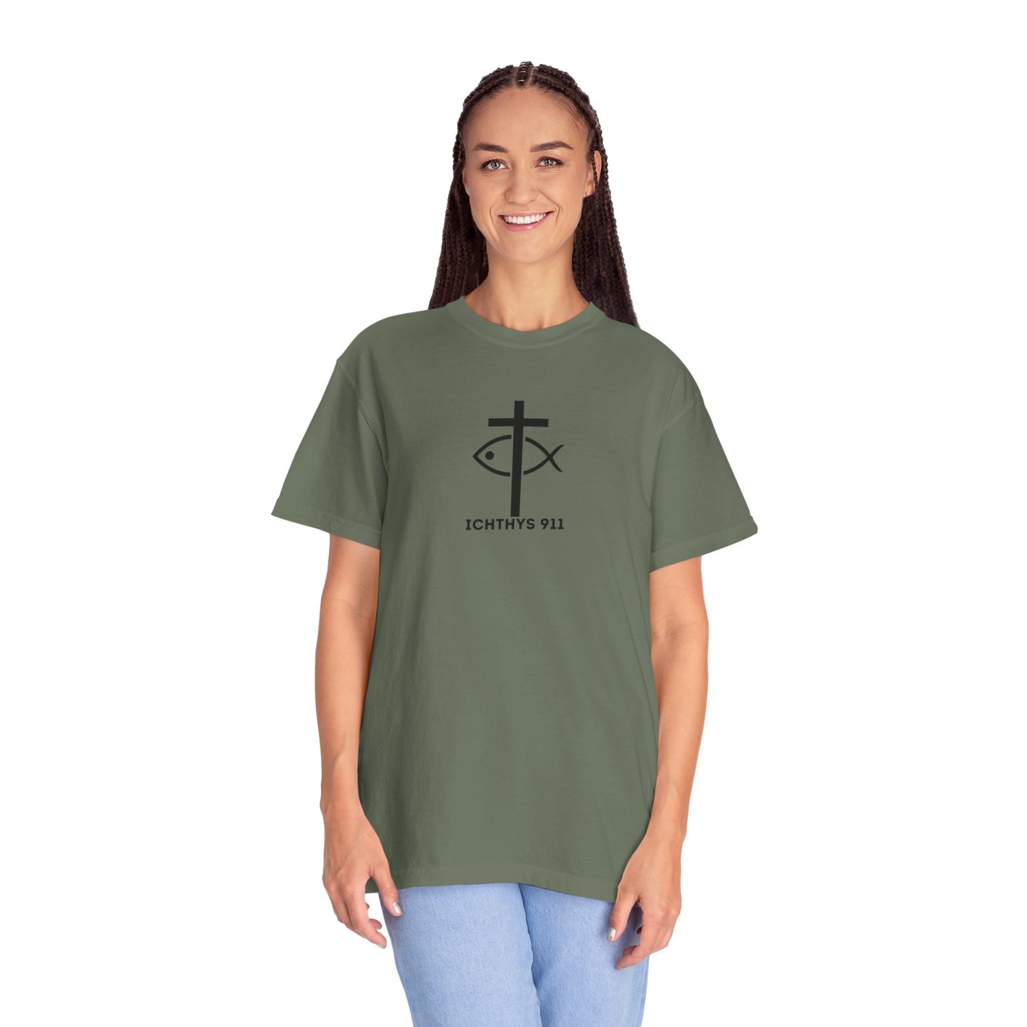 ICHTHYS 911 - Black Font - Additional Flavors - "Faith & Strength" - Unisex  - Garment Dyed -100% US Cotton -Short Sleeve Tee - Inspirational Graphic T-Shirt for Everyday Motivation - Women T-Shirt - Soft T