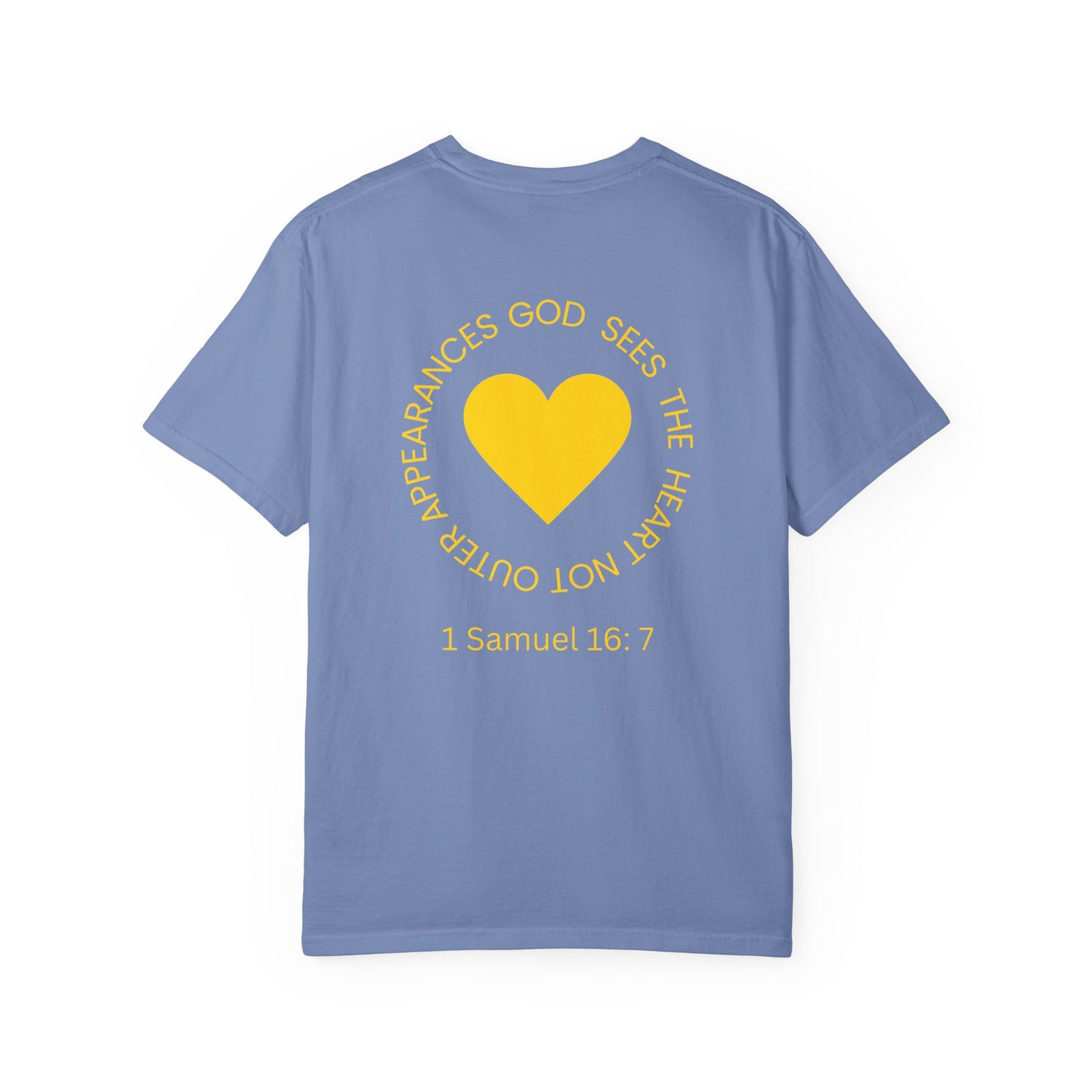 ICHTHYS 911 - "God Sees the Heart" Reverse' Gold Font - Unisex Garment - Dyed T-Shirt - 100% US Cotton - Men T-Shirt - Women T-Shirt - Inspirational Graphic T-Shirt for Everyday Motivation