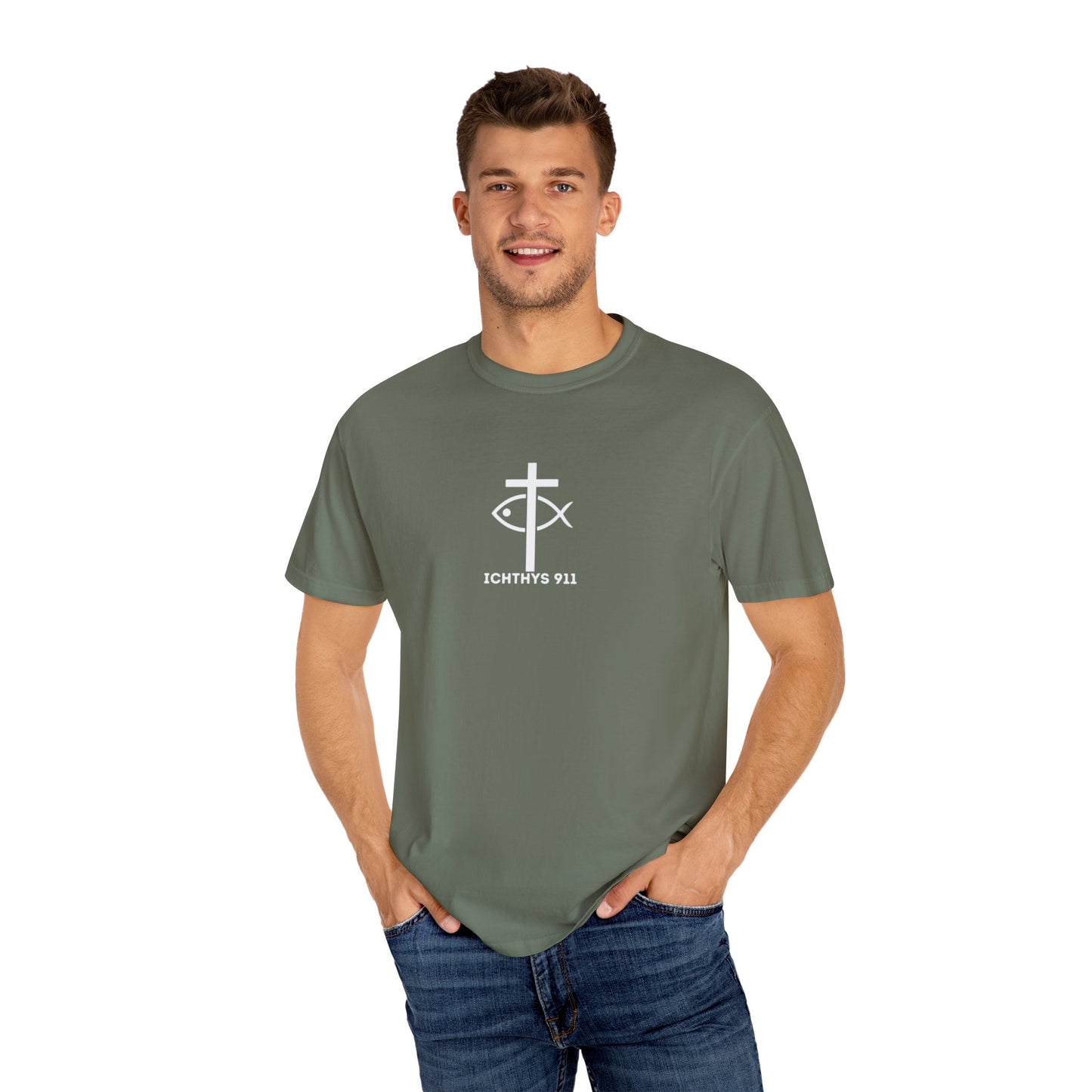 ICHTHYS 911 - White Font "Faith, Hope, & Love" - Garment Dyed - 100% US Cotton - Unisex T-Shirt - Men T-Shirt - Christian Women Tee - Faith-Inspired Shirt - Christian Fashion - Wear Your Faith - Additional Colors