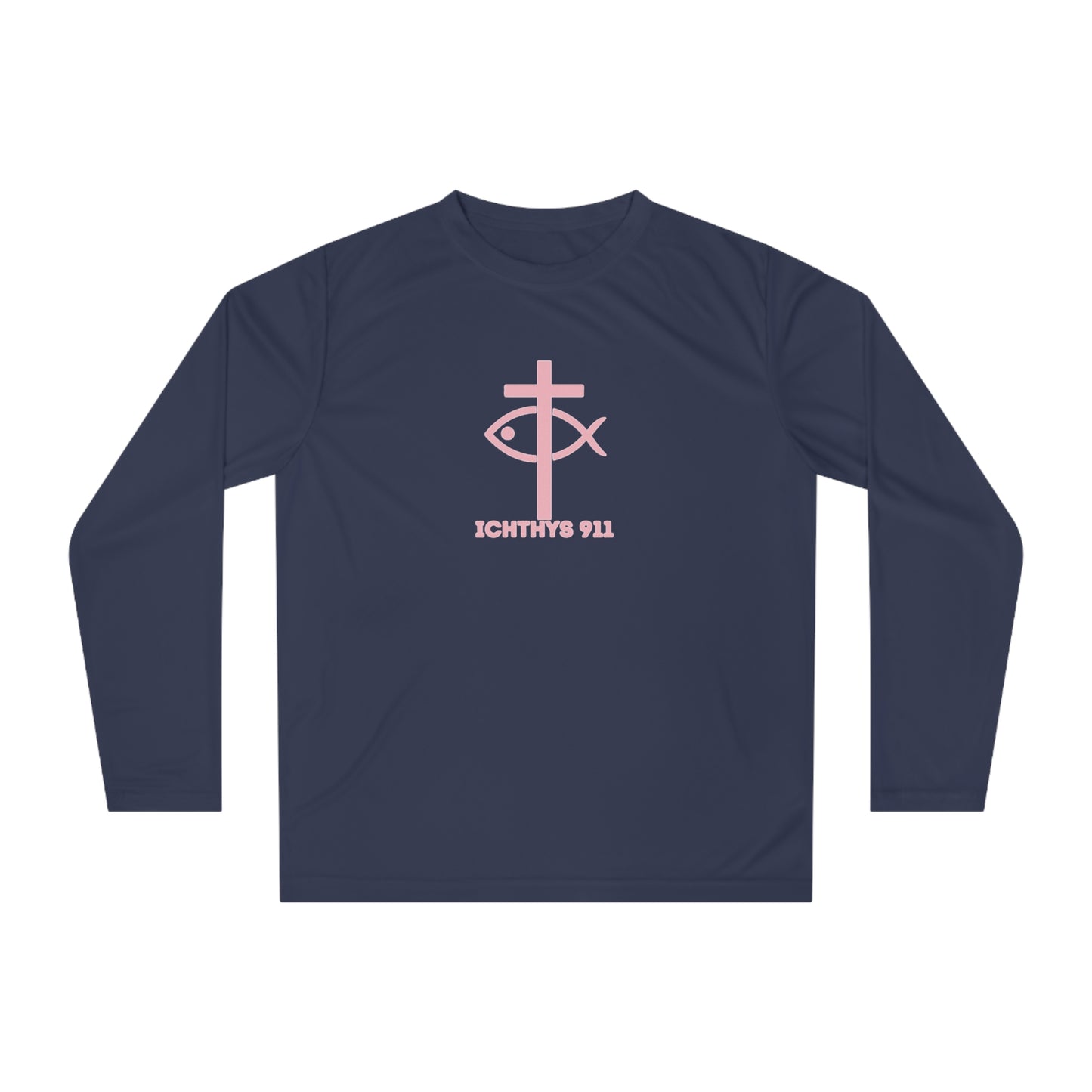 ICHTHYS 911 "Faith & Strength" - Unisex Performance Long Sleeve- Christian Activewear - Men - Women - 100% Moisture-Wicking Poly - UPF30+ Sun Protection
