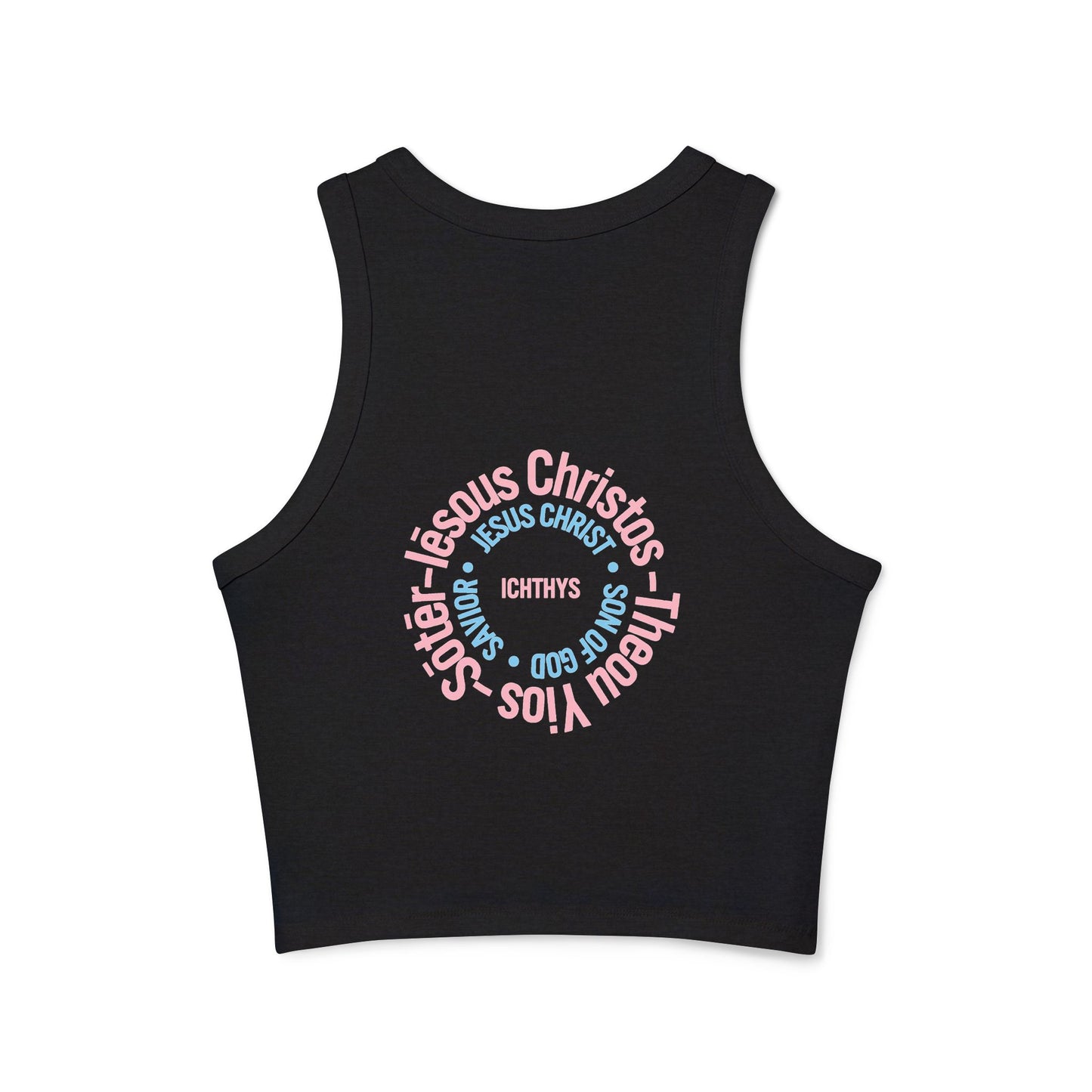 ICHTHYS 911 - Pink & Black Font "Iēsous Christos, Theou Yios, Sōtēr" - Faith-Inspired Women's Micro Rib Racer Tank Top - Cute Jesus Christ Design - Women Tank - Christian - Work Out