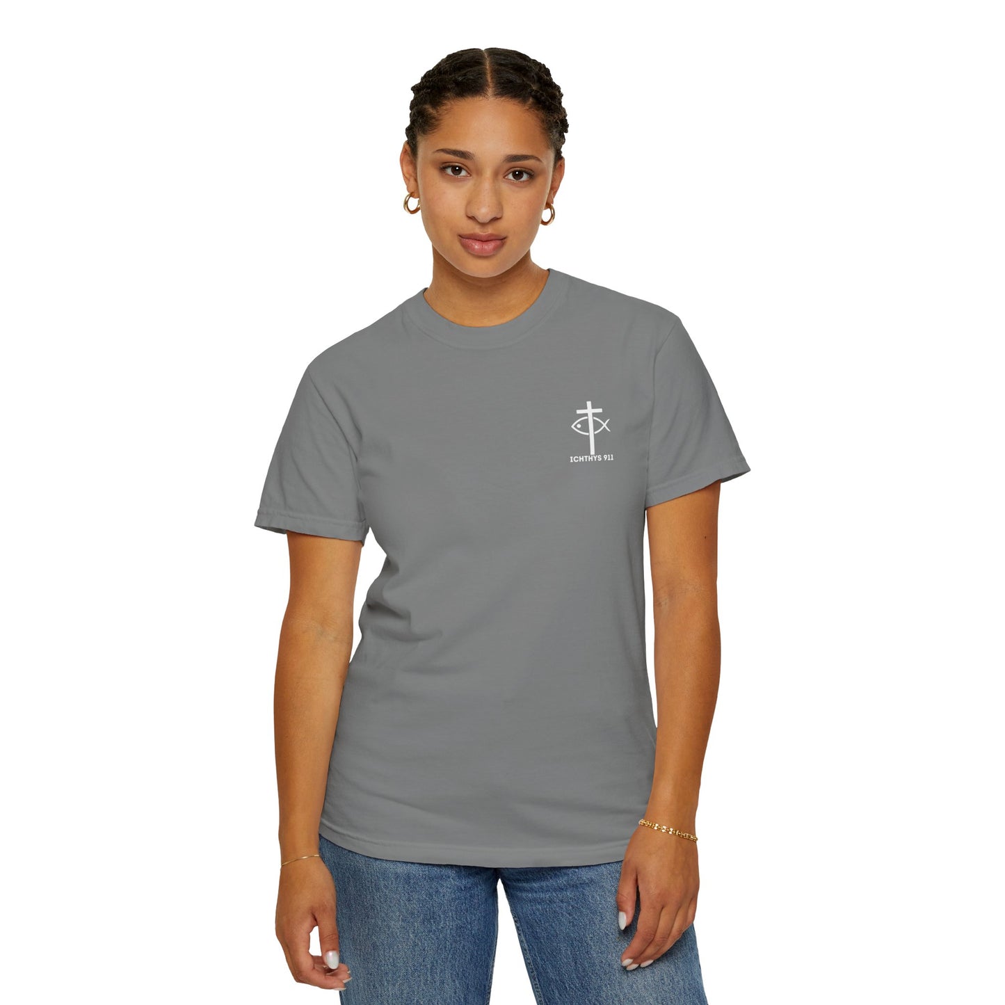 ICHTHYS 911 Badge Collection - White Font - Unisex  Garment Dyed T-Shirt - 100% US Cotton - Men T-Shirt - Women T-Shirt - Christian Graphic Tee - Gym - T - Christian Faith - Jesus Wear - White Font