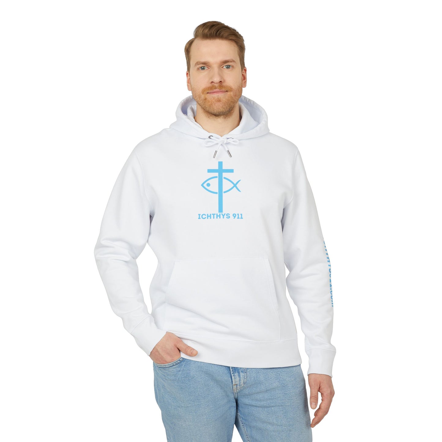 Iēsous Christos, Theou Yios, Sōtēr = Jesus Christ, Son of God, Savior - Unisex - Blue Font - Sweatshirt - ICHTHYS 911 - Hoodie -100% Organic- Heavy