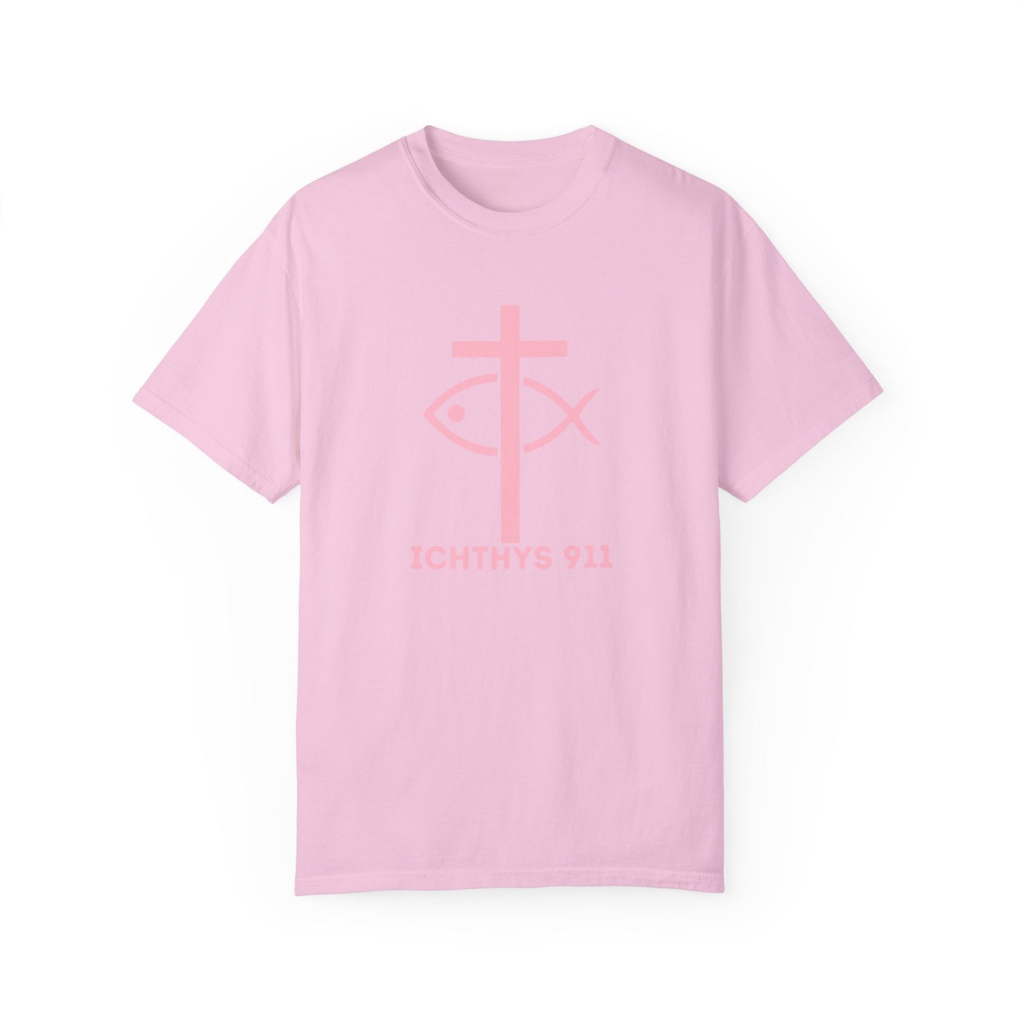 ICHTHYS 911 - Authentic - W/O IC 911 on Back -Christian Streetwear T-Shirt – Jesus Gym & Faith Fashion, Unisex Garment-Dyed T-Shirt Soft Pink Font