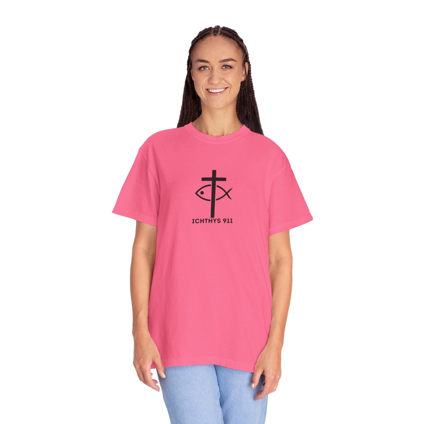 ICHTHYS 911 - Black Font "Faith & Strength" - Unisex Garment Dyed T- Shirt - 100% US Cotton - Men T-Shirt - Women T-Shirt - Inspirational Graphic T-Shirt for Everyday Motivation - Women T-Shirt - Soft T
