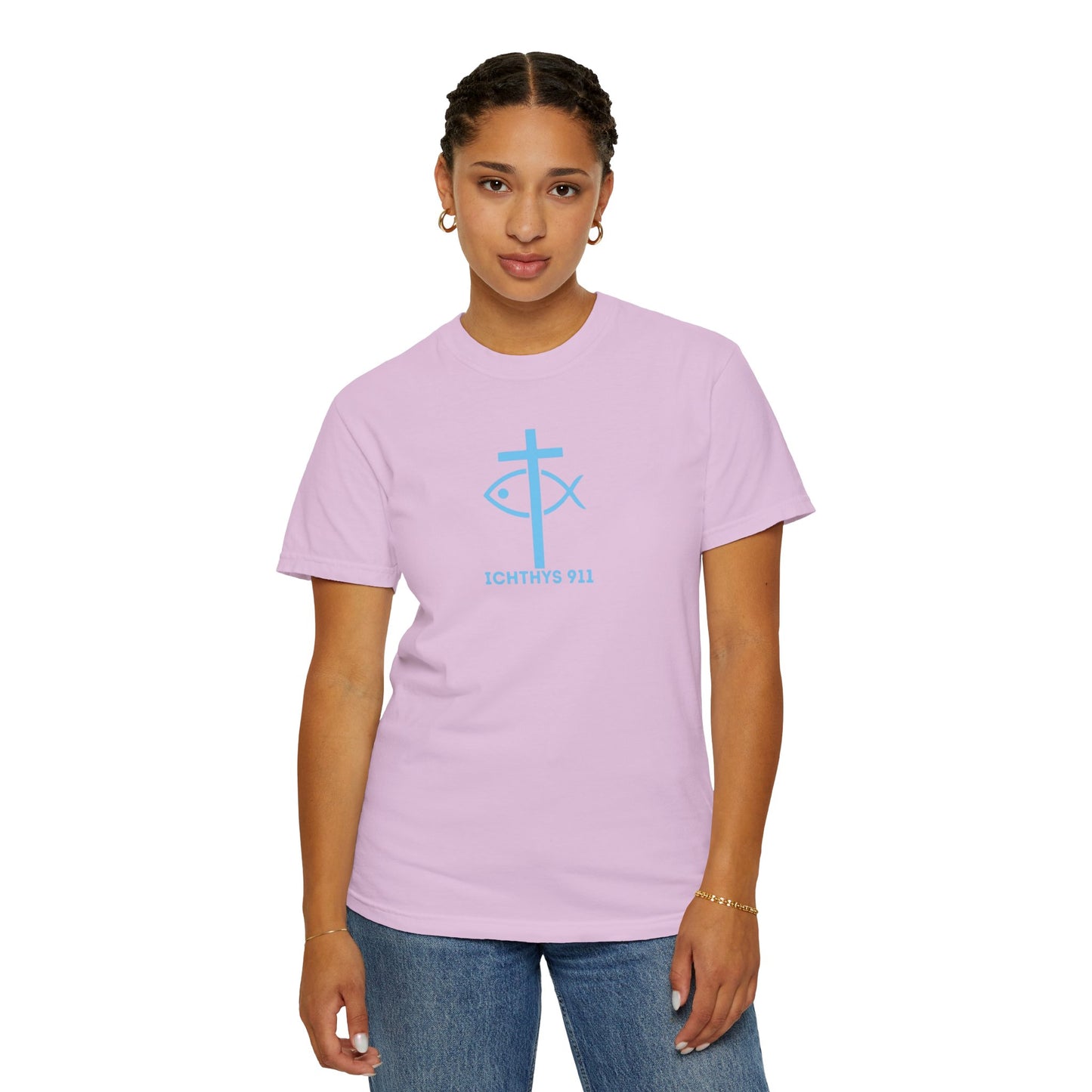 Jesus Christ Son of God Savior - Blue Font - Christian Streetwear T-Shirt – Jesus Gym & Faith Fashion, Unisex Garment-Dyed T-Shirt, ICHTHYS911, Men T-Shirt, Women T-Shirt