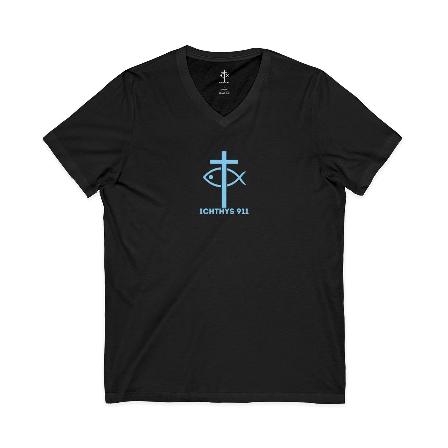 Jesus Is His Name, Saving Souls For Eternity is His Game - Blue Font - V-Neck - Unisex -Men T-Shirt - Women T-Shirt - Christian T - Faith-Inspired Unisex V-Neck Tee - Perfect for Christians - ICHTHYS 911 Design