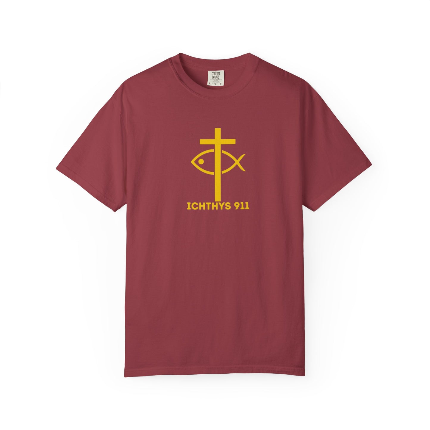 ICHTHYS 911 Gold Font "Faith, Hope, & Love" - Unisex Garment Dyed T-Shirt - 100# US Cotton - Men T-Shirt - Women T-Shirt - Christian T- Shirt -Faith-Inspired Shirt - Christian Fashion - Wear Your Faith