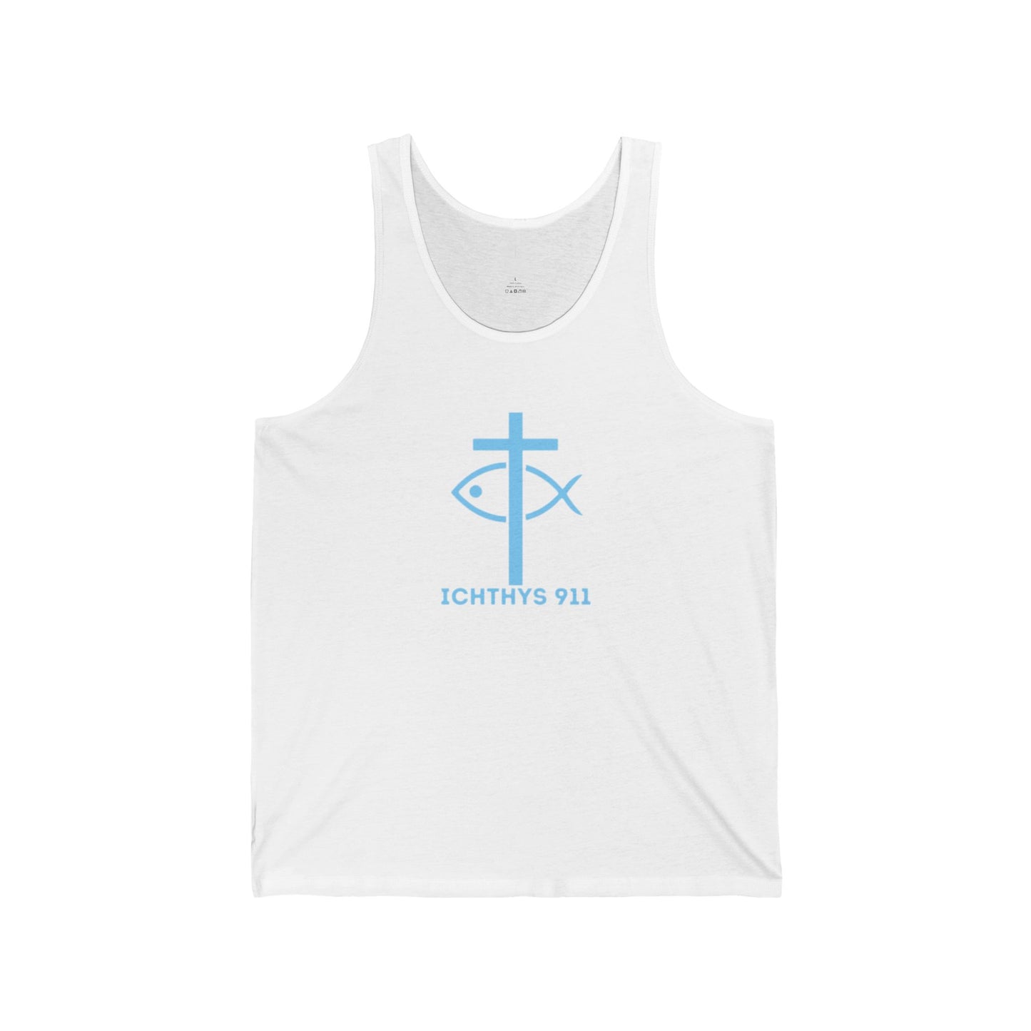 Iēsous Christos, Theou Yios, Sōtēr = Jesus Christ Son of God Savior  Blue Font - Men Tank - Women -Tank Top - Unisex Tank Top - Christian - ICHTHYS 91 Design Tee - Gym Gear - Faith Fashion