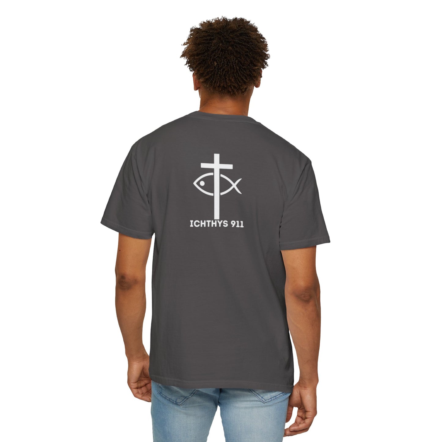 ICHTHYS 911 Badge Collection - White Font - Unisex  Garment Dyed T-Shirt - 100% US Cotton - Men T-Shirt - Women T-Shirt - Christian Graphic Tee - Gym - T - Christian Faith - Jesus Wear - White Font