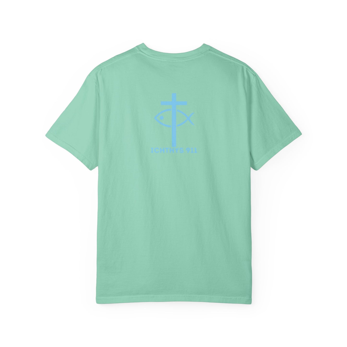 ICHTHYS 911 Blue Font "Iēsous Christos, Theou Yios, Sōtēr" - Reverse - Collection - Unisex - Christian Graphic Tee - Gym - T - Christian Faith - Jesus Wear - Women T-Shirt - Men T-Shirt